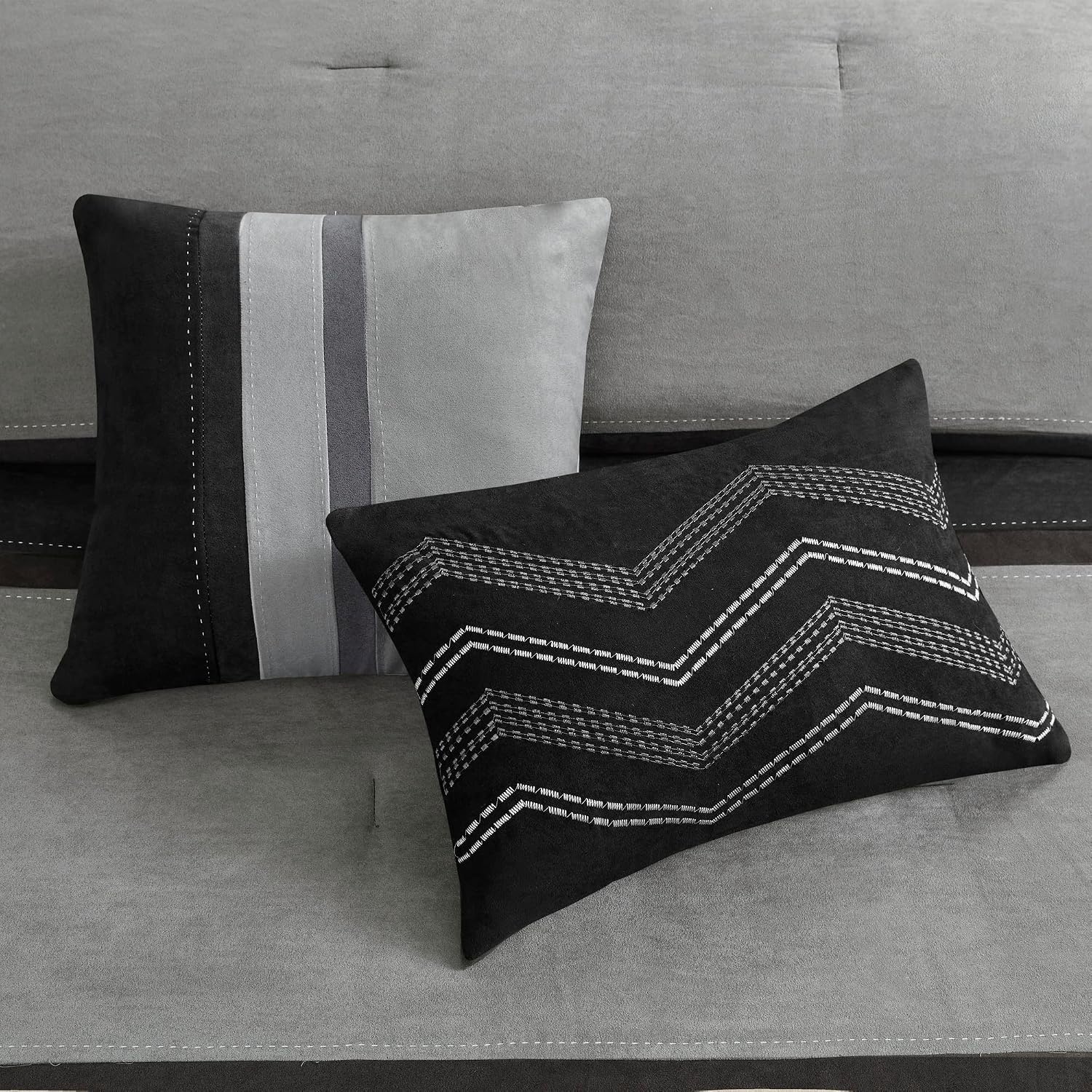 Madison Park Palisades Comforter Set Modern Faux Suede Pieced Stripe Design, All Season Down Alternative Cozy Bedding with Matching Shams, Decorative Pillows, King(104'x92'), Black 7 Piece