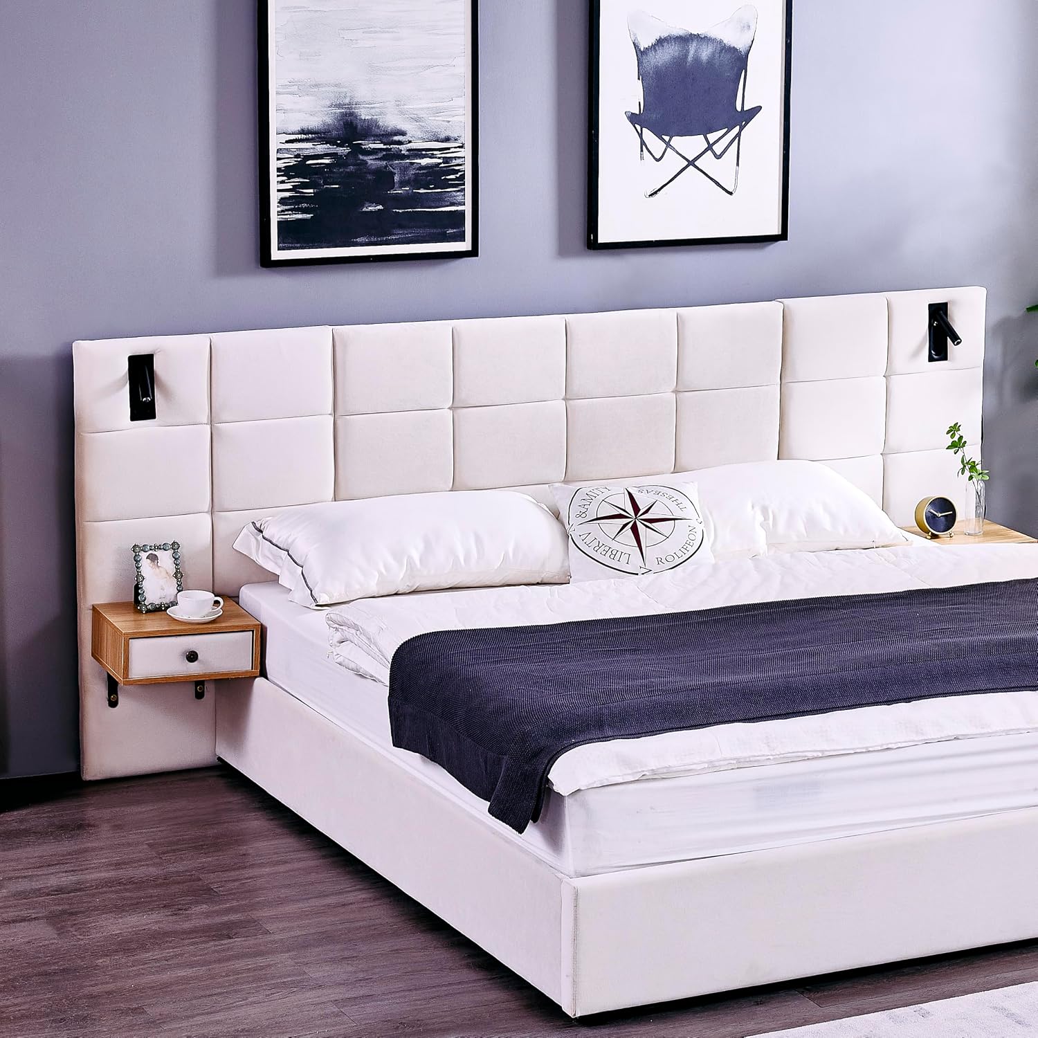 Luxury Velvet King Size Bed Frame with Hydraulic Lift and Storage, Built-in LED Lights, USB Charging Station & 2 Shelves, No Box Spring Needed Platform Bed (Beige)