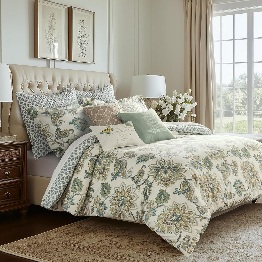 Levtex Home - Grey Palladium Duvet Set - Queen Duvet Cover (90x94in.) + Two Standard Pillow Cases (20x26in.) - Paisley - Green, Yellow, Grey, Blue and White - Cotton
