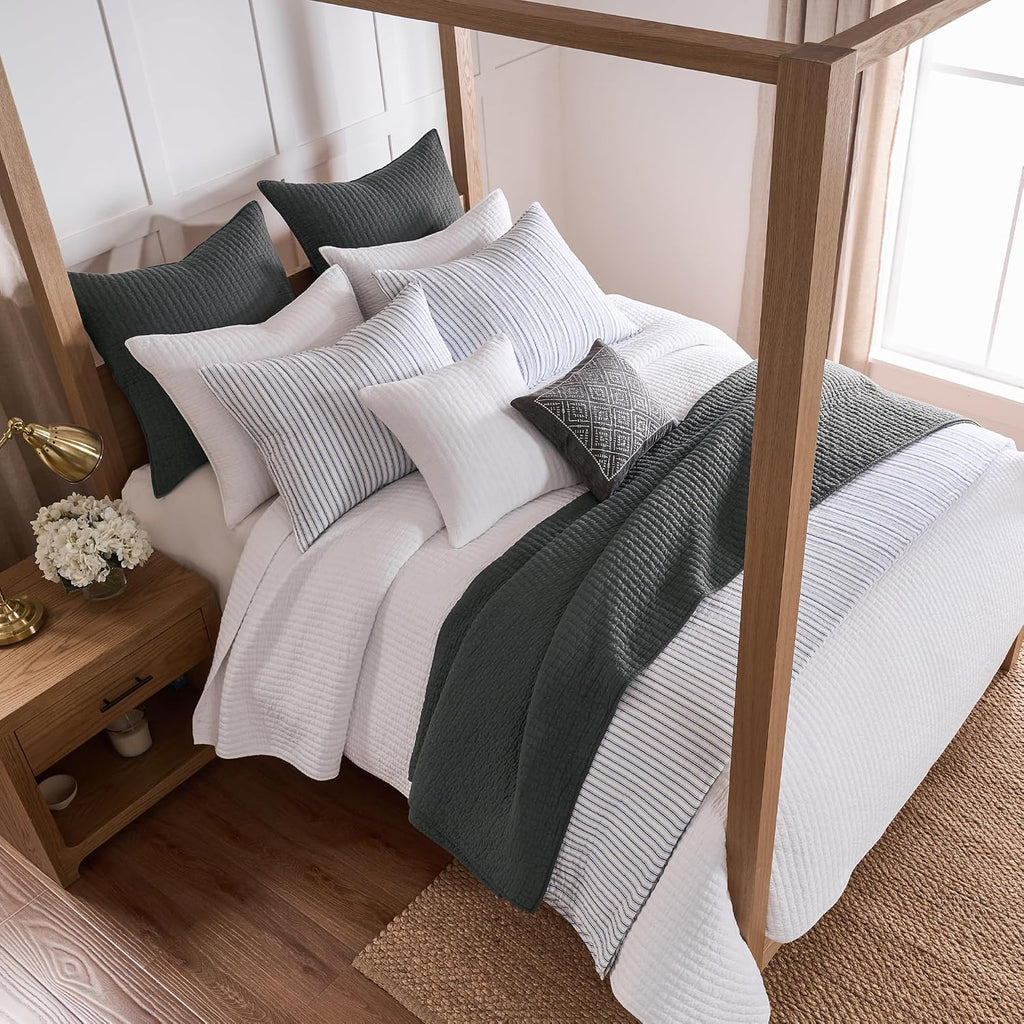 Levtex Home Cross Stitch Reversible King/Cal King Quilt Set (106x92in) and 2 Pillow Shams (36x20in) - Stitch Texture - Charcoal - Cotton King Size Quilt Bedding Set - Lightweight Soft Pre-Washed
