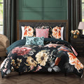 Bebejan Botanical Birds 5 Piece Comforter Set, 100% Cotton Sateen, 220 Thread Count, Black Reversible Bedding Comforter Set, 1 Comforter, 2 Shams & 2 Pillows (Full/Queen)