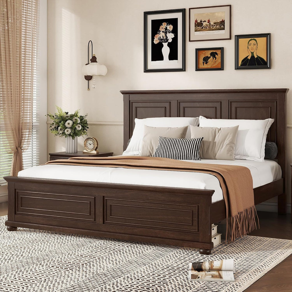 Mirightone King Size Platform Bed with Tall Headboard & Footboard, Pinewood King Bed Frame with Wood Panel Bed Base, No Squeak, No Box Spring Needed, Traditional Style, Brown