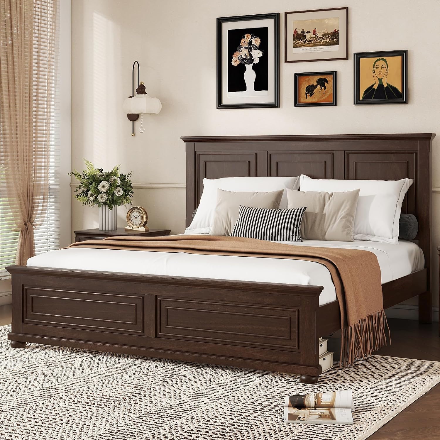 Mirightone King Size Platform Bed with Tall Headboard & Footboard, Pinewood King Bed Frame with Wood Panel Bed Base, No Squeak, No Box Spring Needed, Traditional Style, Brown