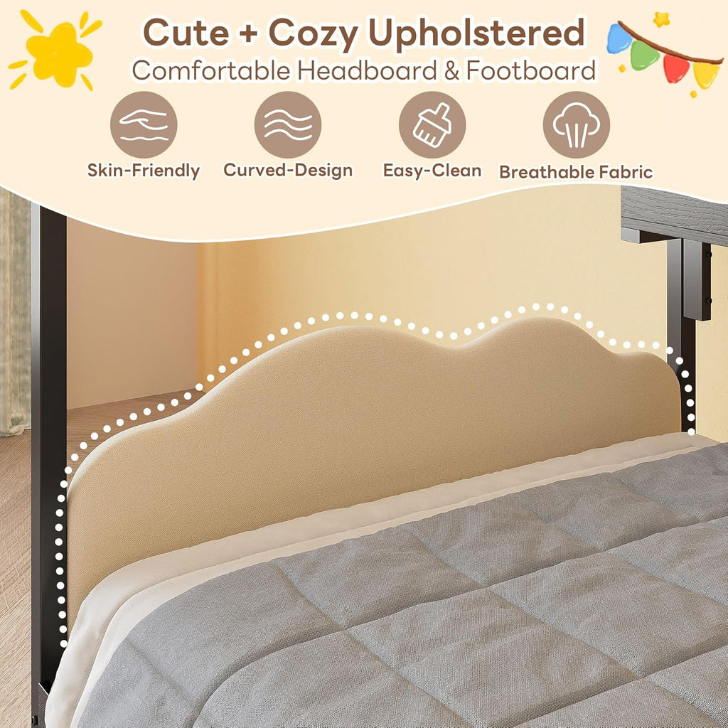 LIKIMIO Twin Corner Bed Frame with 2 Storage Drawers, DIY House Bed with Bookshelf & Curved Upholstered Headboard & Footboard, Twin Bed Frames for Bedroom, No Box Spring Needed, Black-White