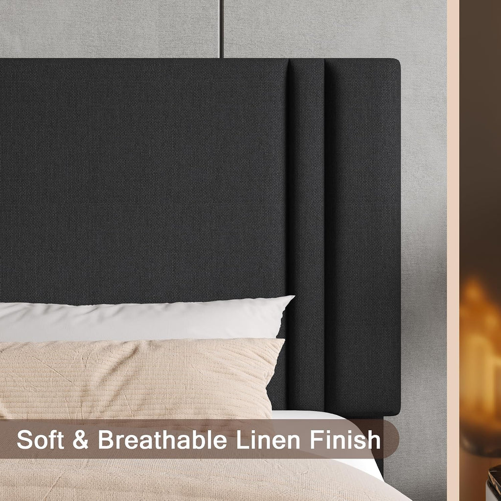 Einhomn Upholstered Full Size Bed Frame with Linen Fabric Headboard, Strong Wooden Slats Support, Noise Free, No Box Spring Needed, Black