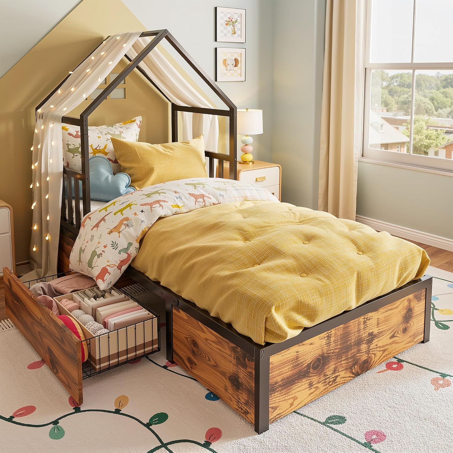 LIKIMIO Twin Bed Frame with Storage, Wooden Platform Bed with Sturdy Metal Slats Support, No Box Spring Needed, Vintage Brown and Black