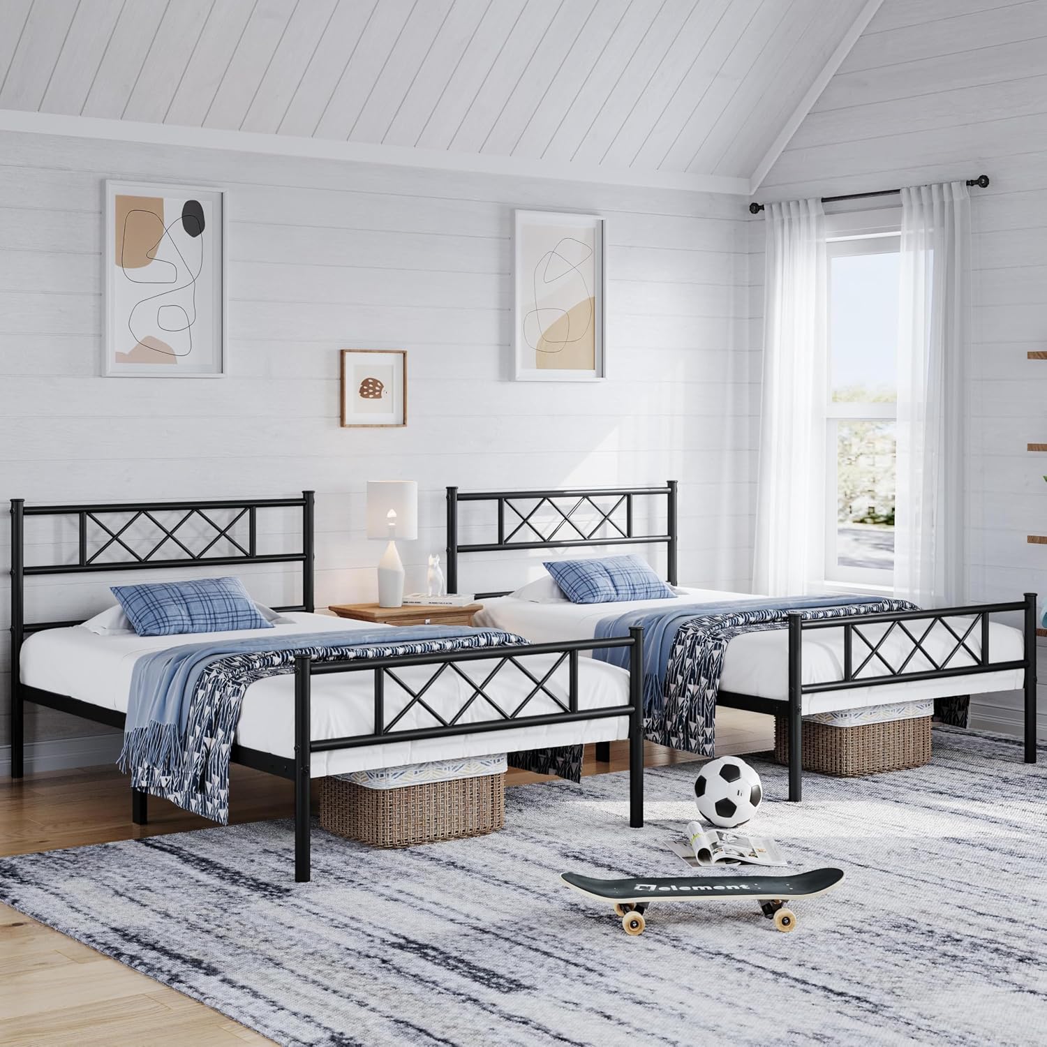 Yaheetech Black Twin Metal Platform Bed Frame Mattress Foundation with Headboard and Footboard Under Bed Storage Steel Slats No Box Spring Needed 2Pcs