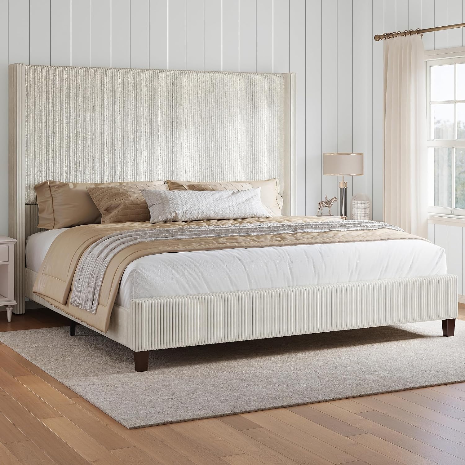 HOWE Queen Size Bed Frame with 61.4' Extra Tall Headboard, Corduroy Upholstered Bed with Vertical Wingback Headboard, No Box Spring Needed/Noise Free/Solid Wood Slats & Legs/Cream