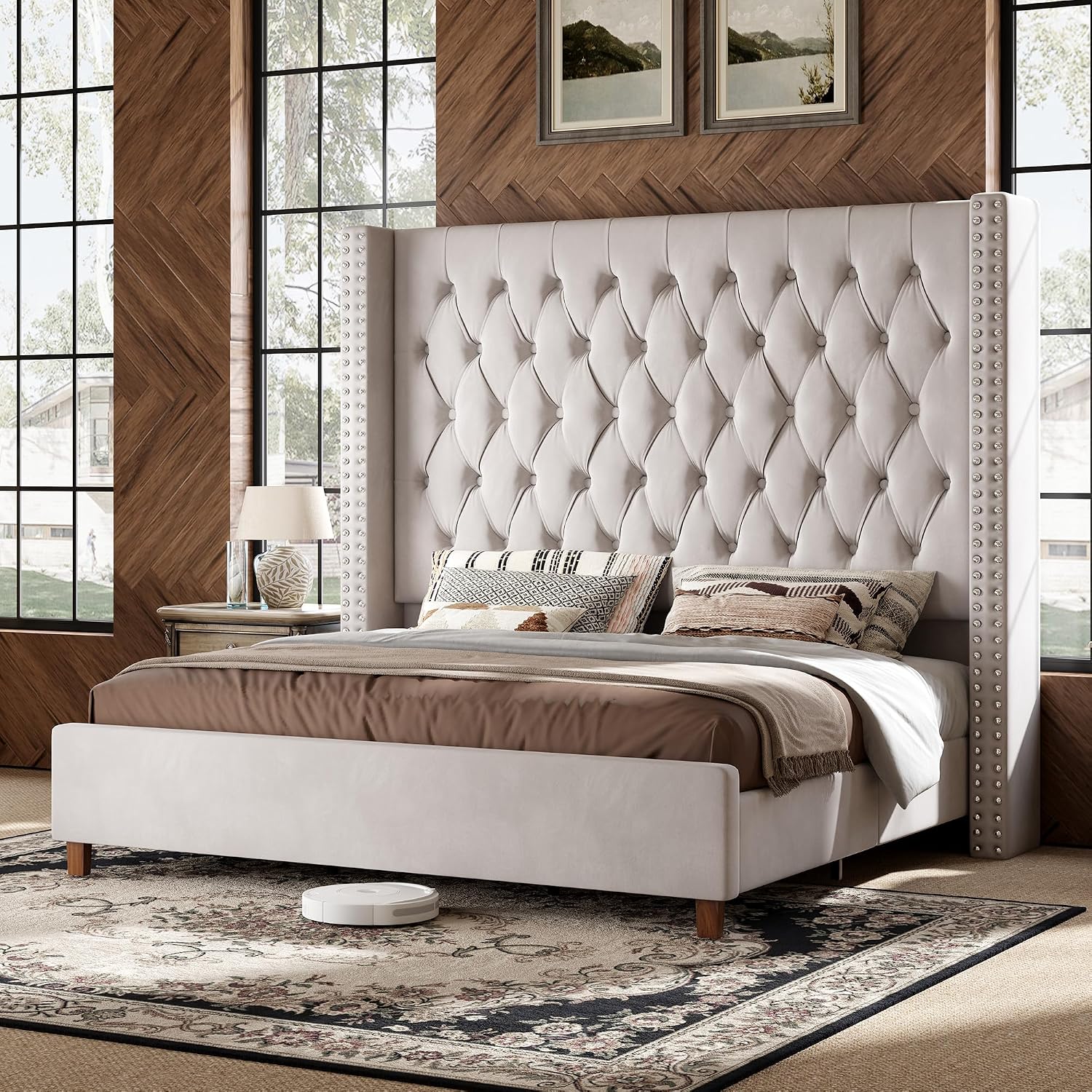PaPaJet Queen Bed Frame with 61.4' Extra Tall Wingback Headboard, Velvet Upholstered Platform Bed, Noise-Free Support, No Box Spring Needed, Stylish Bed for Couples, Guest Rooms & Apartments, Cream