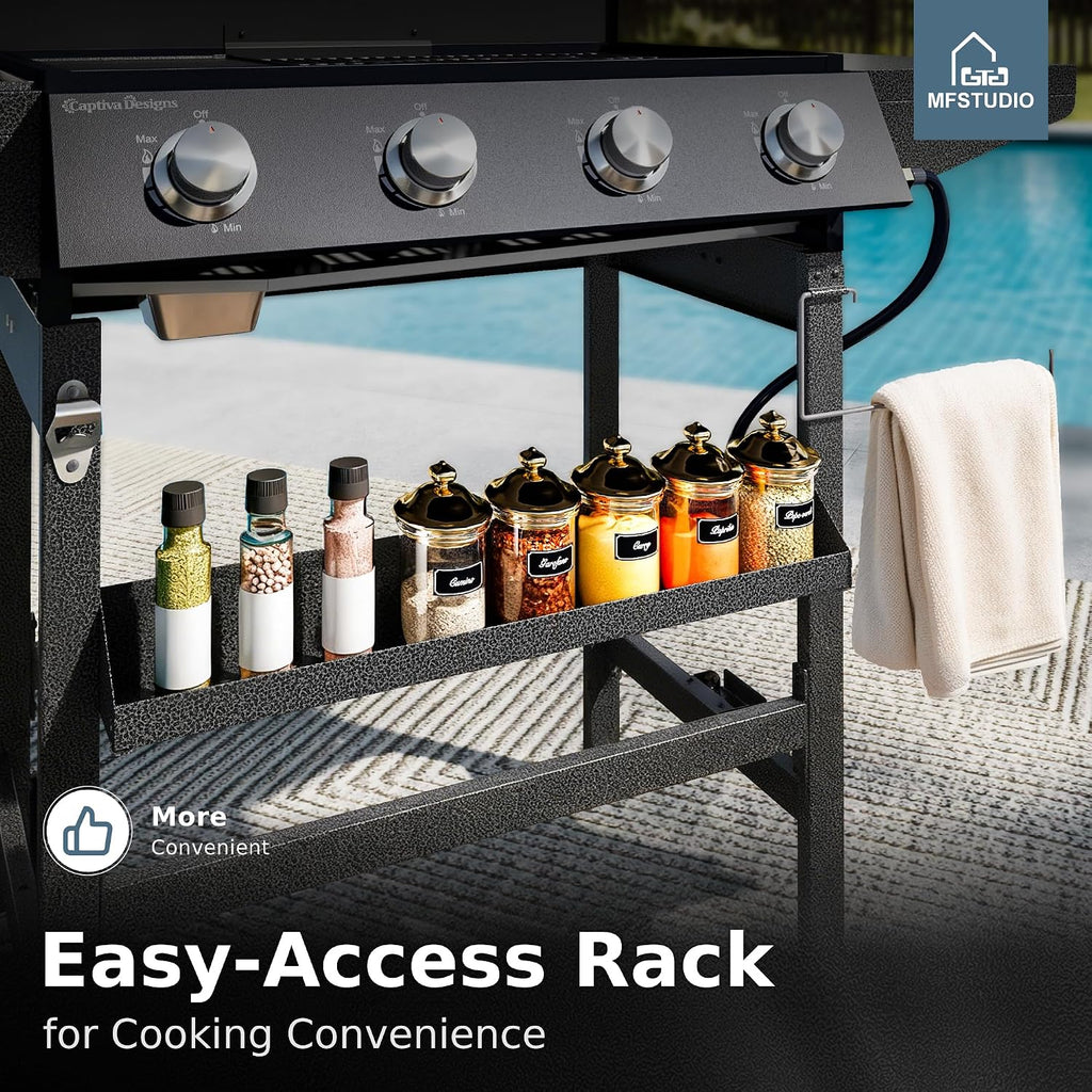 MFSTUDIO Gas Griddle Flat Top Grill, 4 Burner Propane Grill Combo with Porcelain-Enameled Cast Iron Grates, 482 SQ.IN. Cooking Area, 52,000 BTU High Output for Outdoor Patio Barbecue and Meals