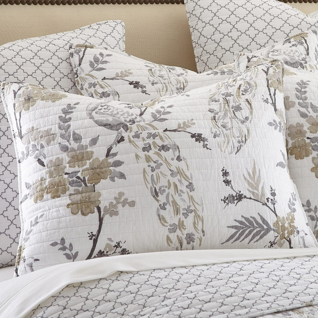 Levtex Home Pisa Reversible King/Cal King Quilt Set (106x92in) with 2 Pillow Shams (36x20in) - Floral Peacock - Grey, Taupe - 100% Cotton King Size Quilt Bedding Set - Lightweight, Soft, Pre-Washed