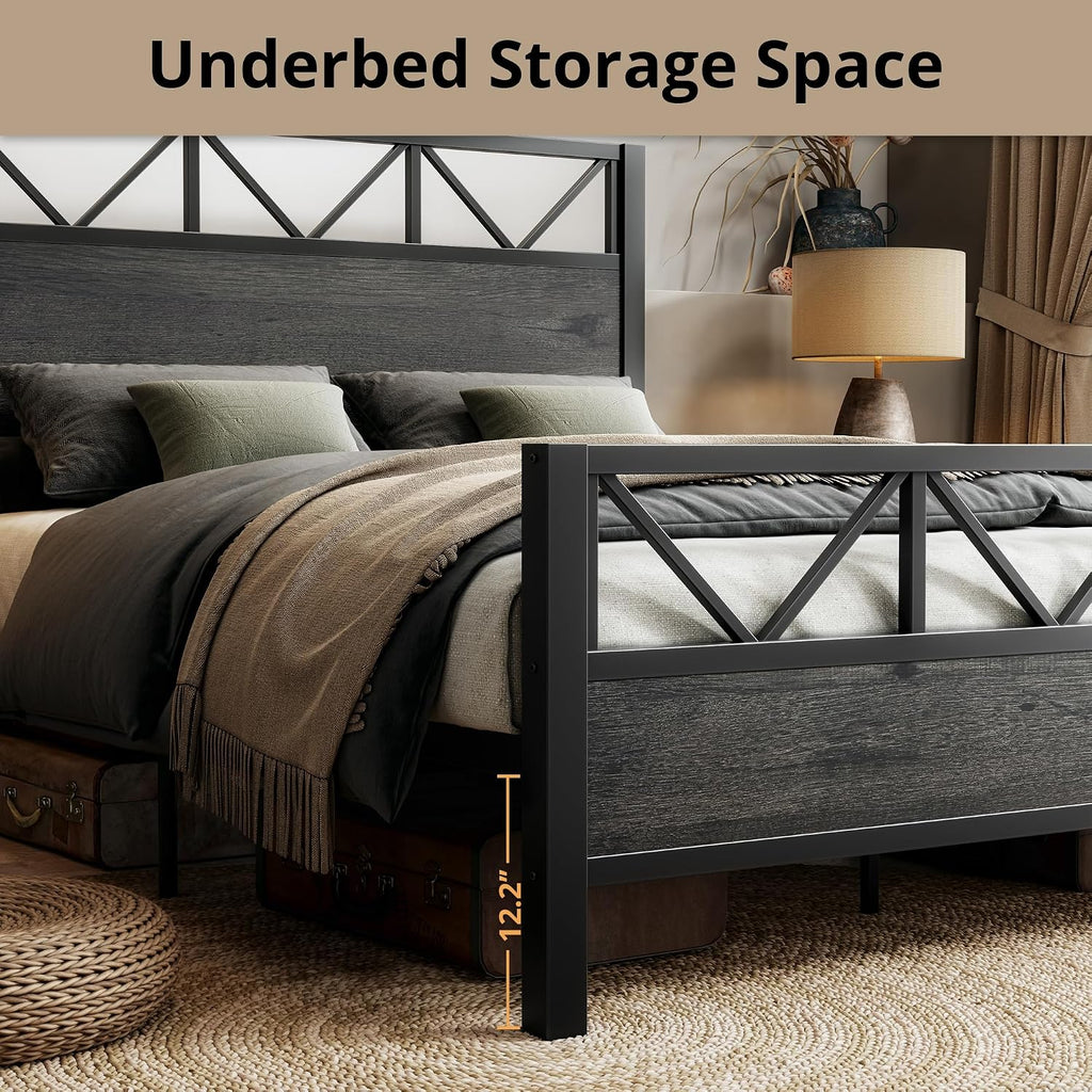 LIKIMIO Queen Bed Frame, Tall Industrial Headboard 51.2 ', Platform Bed Frame with Strong Metal Support, Solid and Stable, Noise Free, No Box Spring Needed, Easy Assembly, Charcoal Grey