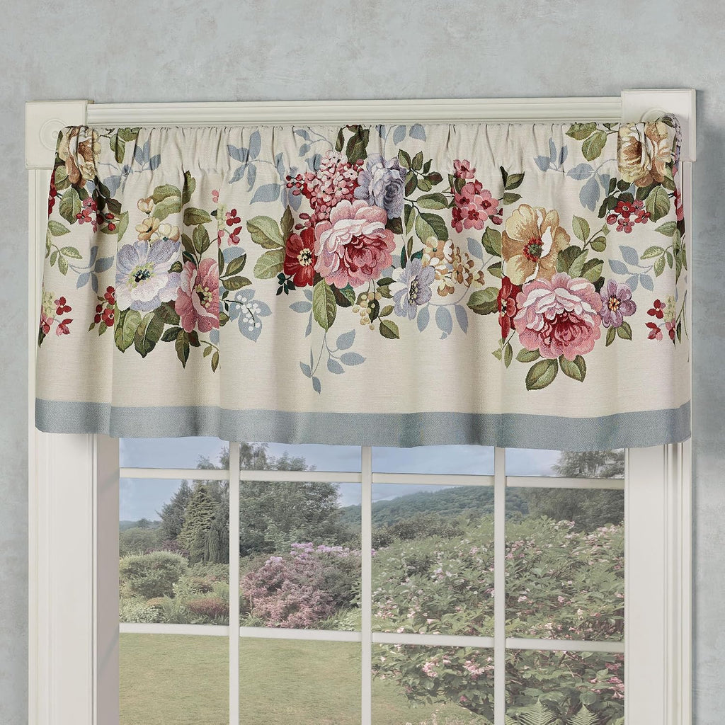 Bouquet Flower Washable Bedding | Wisteria, Gold, Rose, Garnet, Blue | Jacquard Woven | 8 Pc Bed Set: Queen Bedspread, 2 Standard Shams, Rectangle and Square Pillows with Inserts, and Tailored Valance