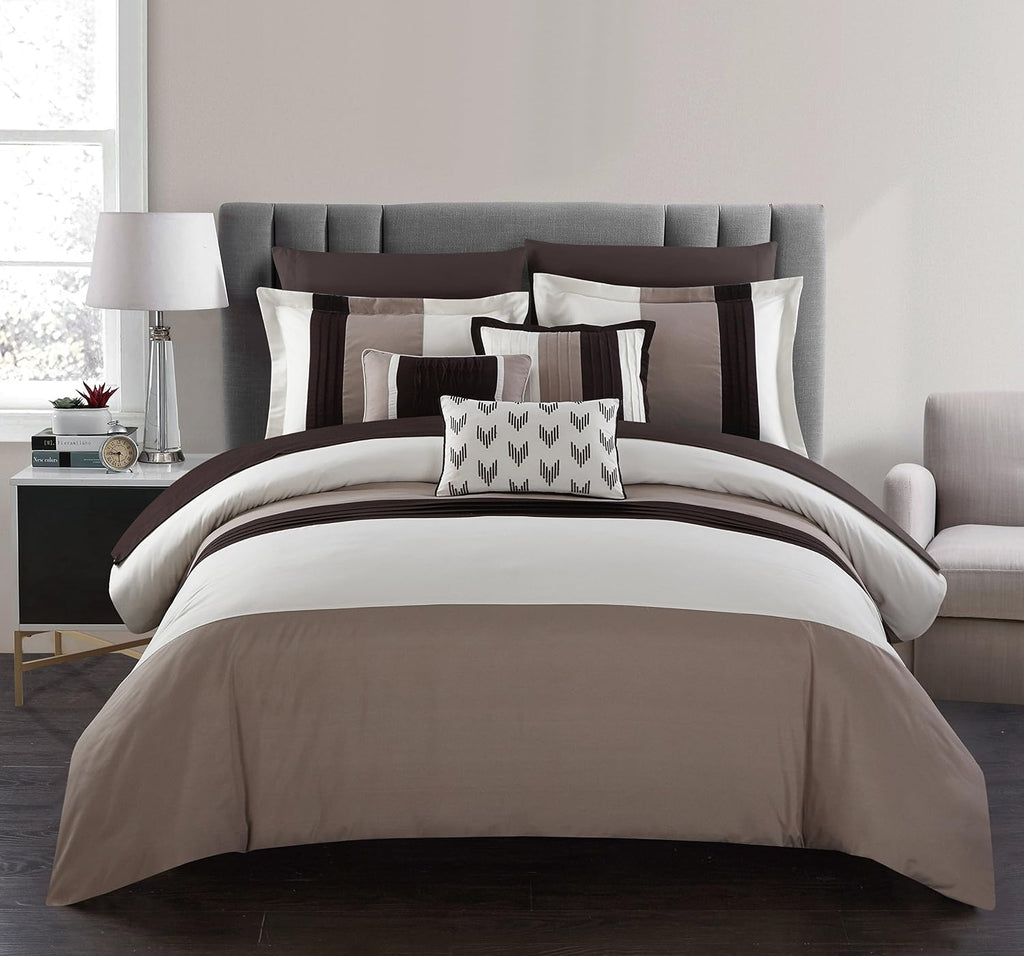 Chic Home Beige Bed in a Bag Comforter Set, Queen Size (10 Pieces), Ayelet - Color Block Stripe Premium Microfiber Bedding - Comforter, Flat & Fitted Sheets, Shams, Pillowcases & Decorative Pillows