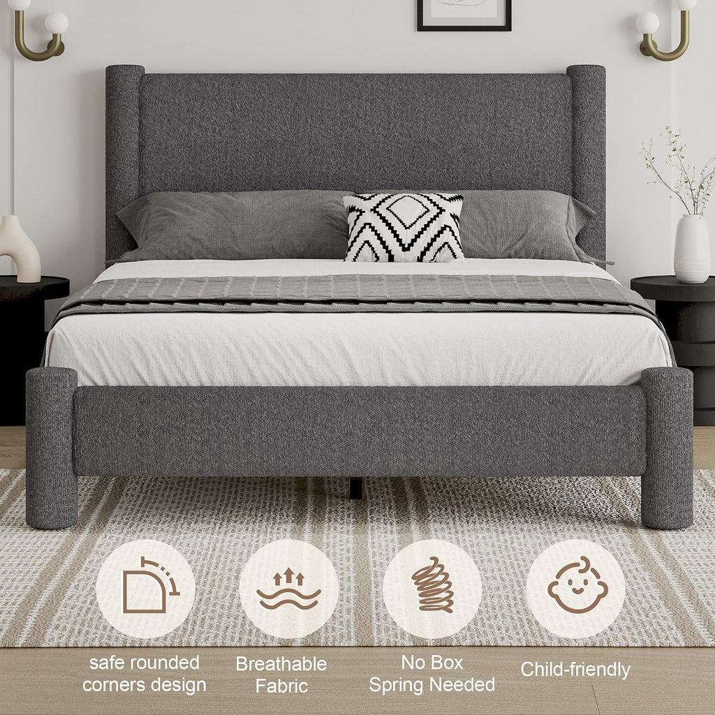 REVOMINCA Full Size Bed Frame, Boucle Upholstered Platform Bed with Headboard and Footboard, Soft Rounded Corners, No Box Spring Required, Easy Assembly, Dark Grey