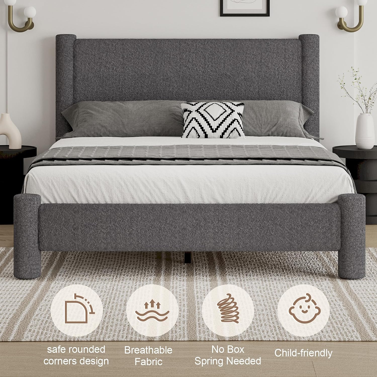 REVOMINCA Full Size Bed Frame, Boucle Upholstered Platform Bed with Headboard and Footboard, Soft Rounded Corners, No Box Spring Required, Easy Assembly, Dark Grey