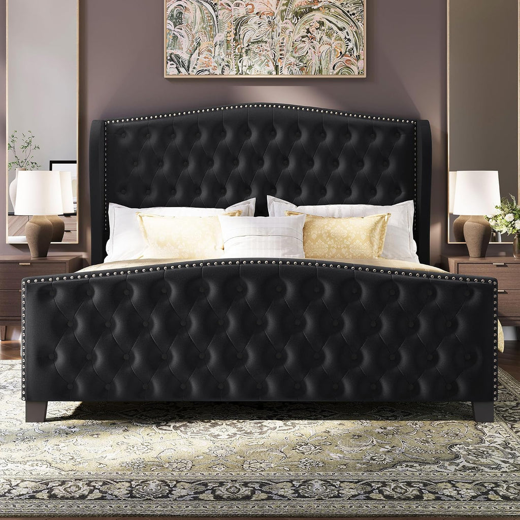 BRELTAM Upholstered King Size Bed Frame Velvet Black Tufted Platform Bed Frame with Wingback Headboard & Footboard, with Deep Button Tufted & Nailhead Wooden Slats Support, No Box Spring Needed