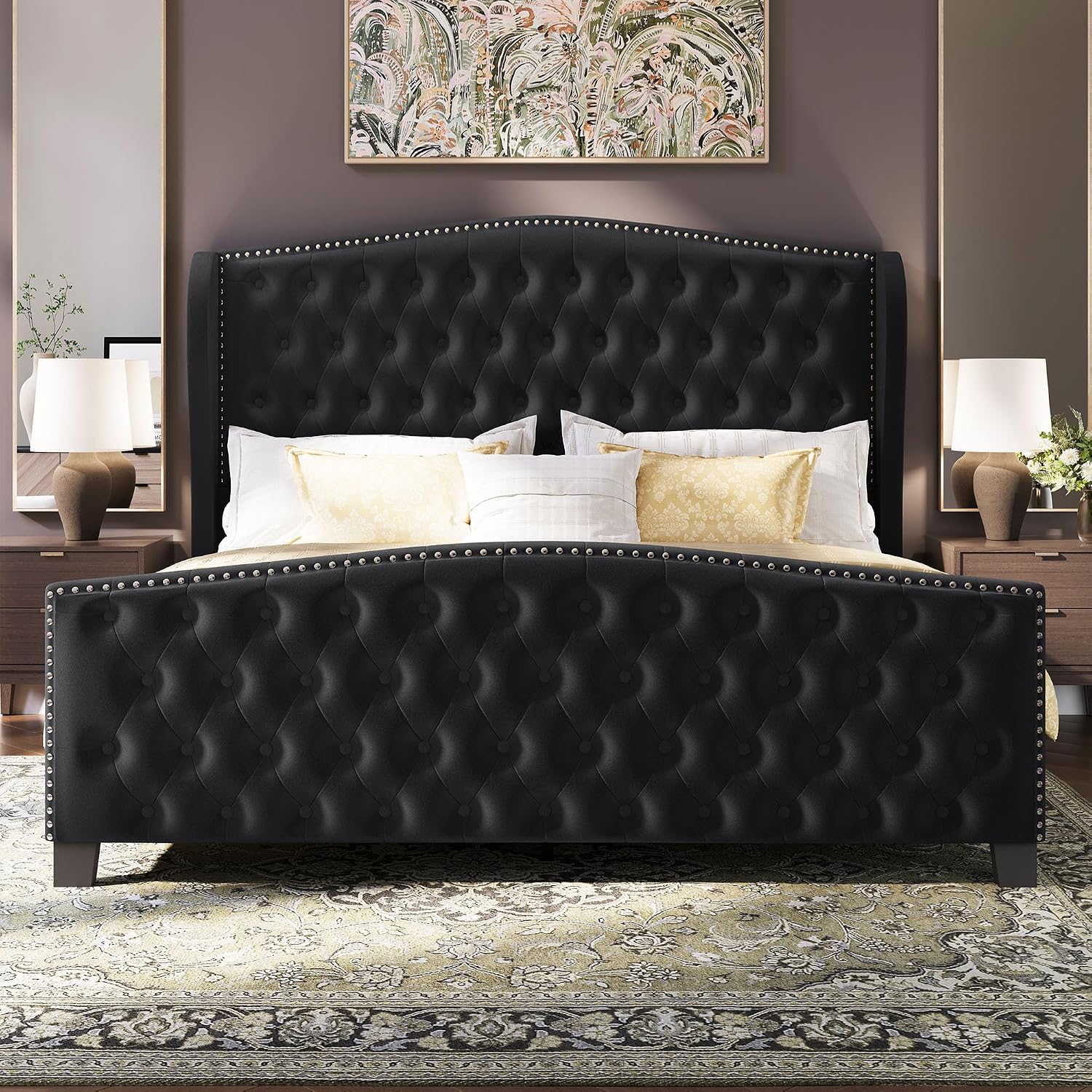 BRELTAM Upholstered King Size Bed Frame Velvet Black Tufted Platform Bed Frame with Wingback Headboard & Footboard, with Deep Button Tufted & Nailhead Wooden Slats Support, No Box Spring Needed
