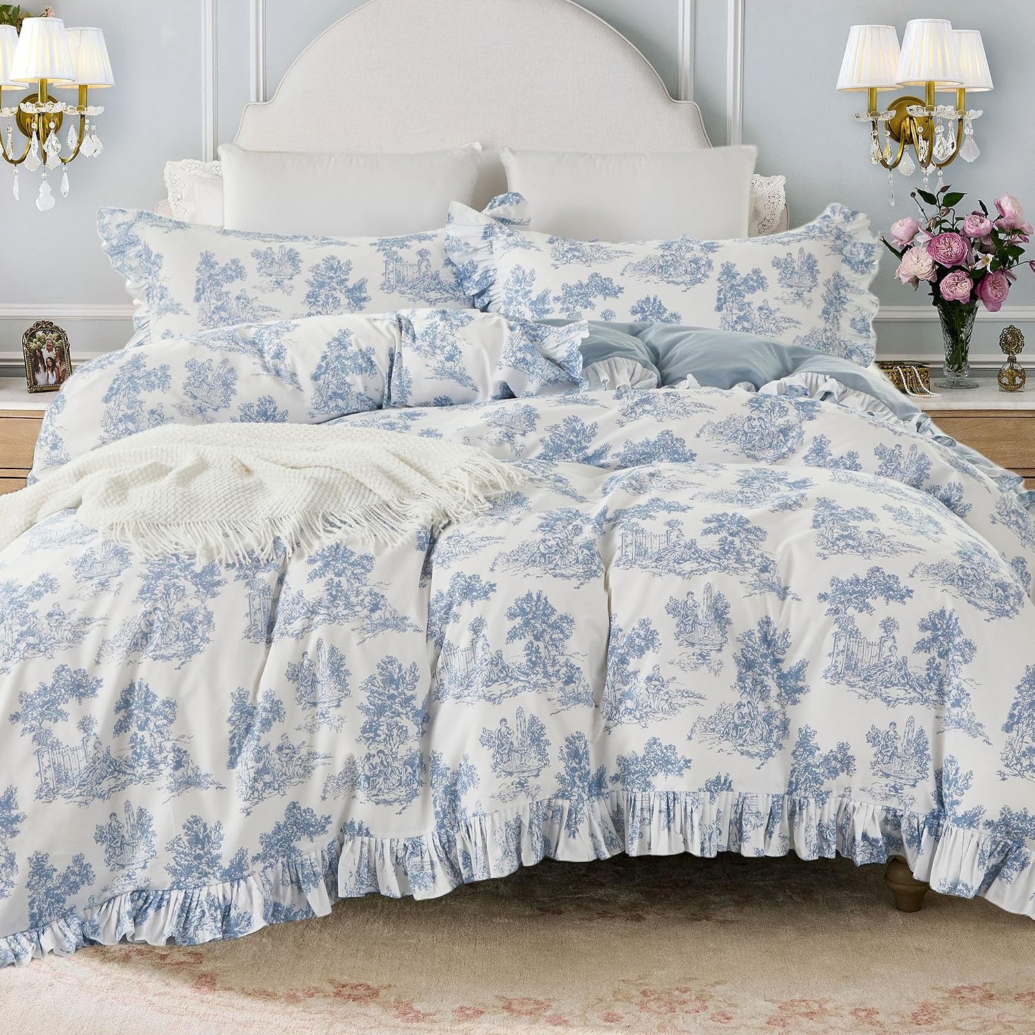 Brandream French Toile Duvet Quilt Cover Full Size 100% Cotton Bedding Set Pastoral Toile Cottagecore Grandmillennial Tapestry Pattern Garden Floral Blossom Tree Delicate Ruffle Fringe Design, Blue