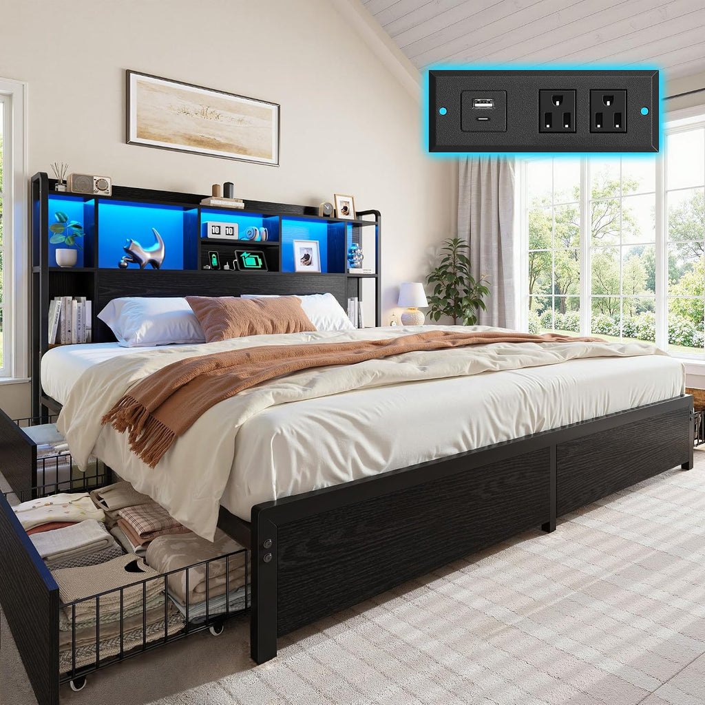 Homkdom King Size Bed Frame with Storage Headboard & 4 Large Drawers King Bed Frame with 51' Tall Headboard 9 Compartments Led Lights & Charging Station,No Box Spring Needed, No Noise,Black