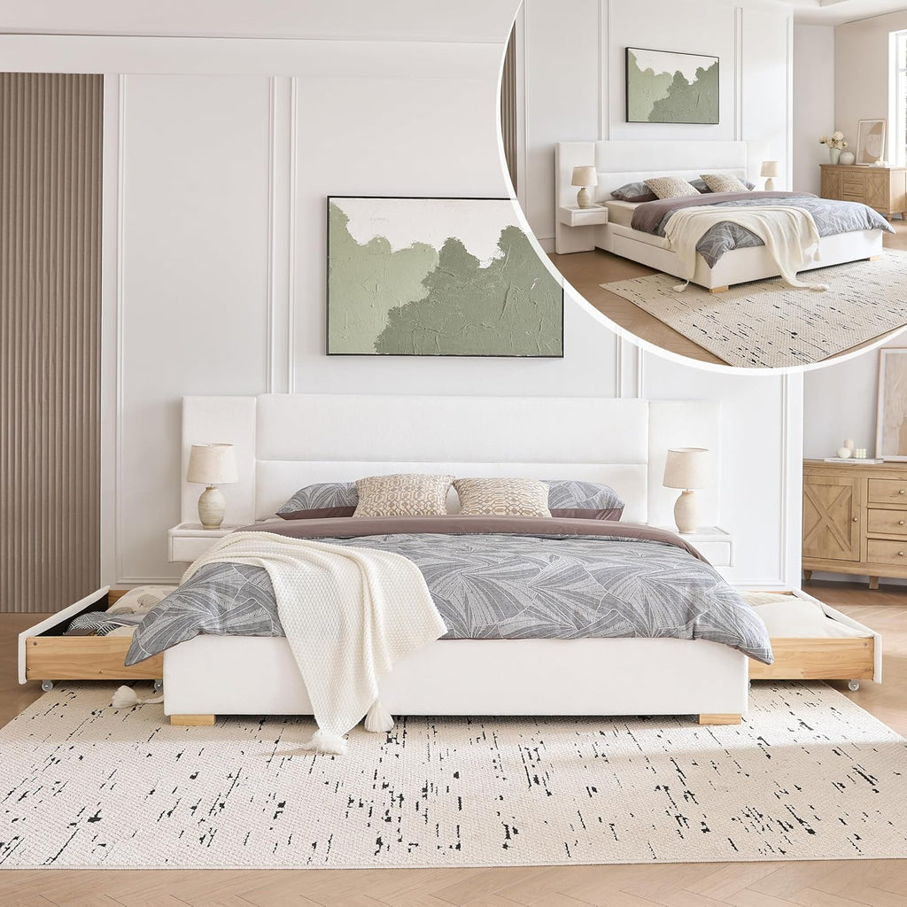 King Size Upholstered Platform Bed Frame with 2 Side Storage Drawers & Built-in Nightstands, Linen Headboard, Sturdy Metal Frame, Noise-Free, No Box Spring Needed, White
