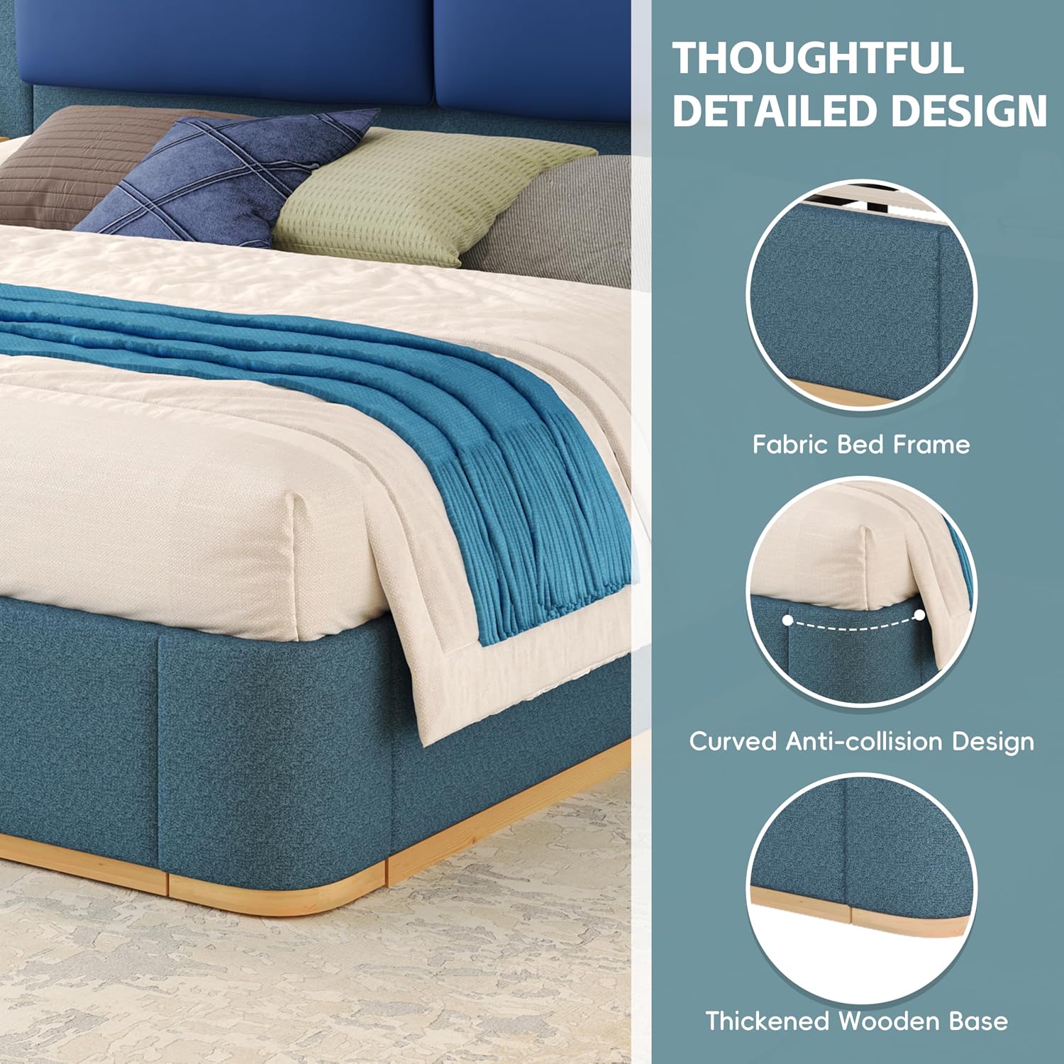 Merax King Size Upholstered Platform Bed Frame with Large PU Leather Headboard and Bothside Shelves, Modern Bedroom Furniture & Solid Wood Slats Support, No Box Spring Needed, Easy Assembly, Blue