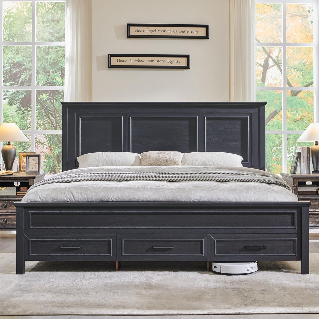 JXQTLINGMU Farmhouse Queen Wood Bed Frame with 52' Tall Headboard & 20' H Footboard, Platform Bedframe with Hidden Storage Drawers, Noiseless, No Box Spring Required, Black