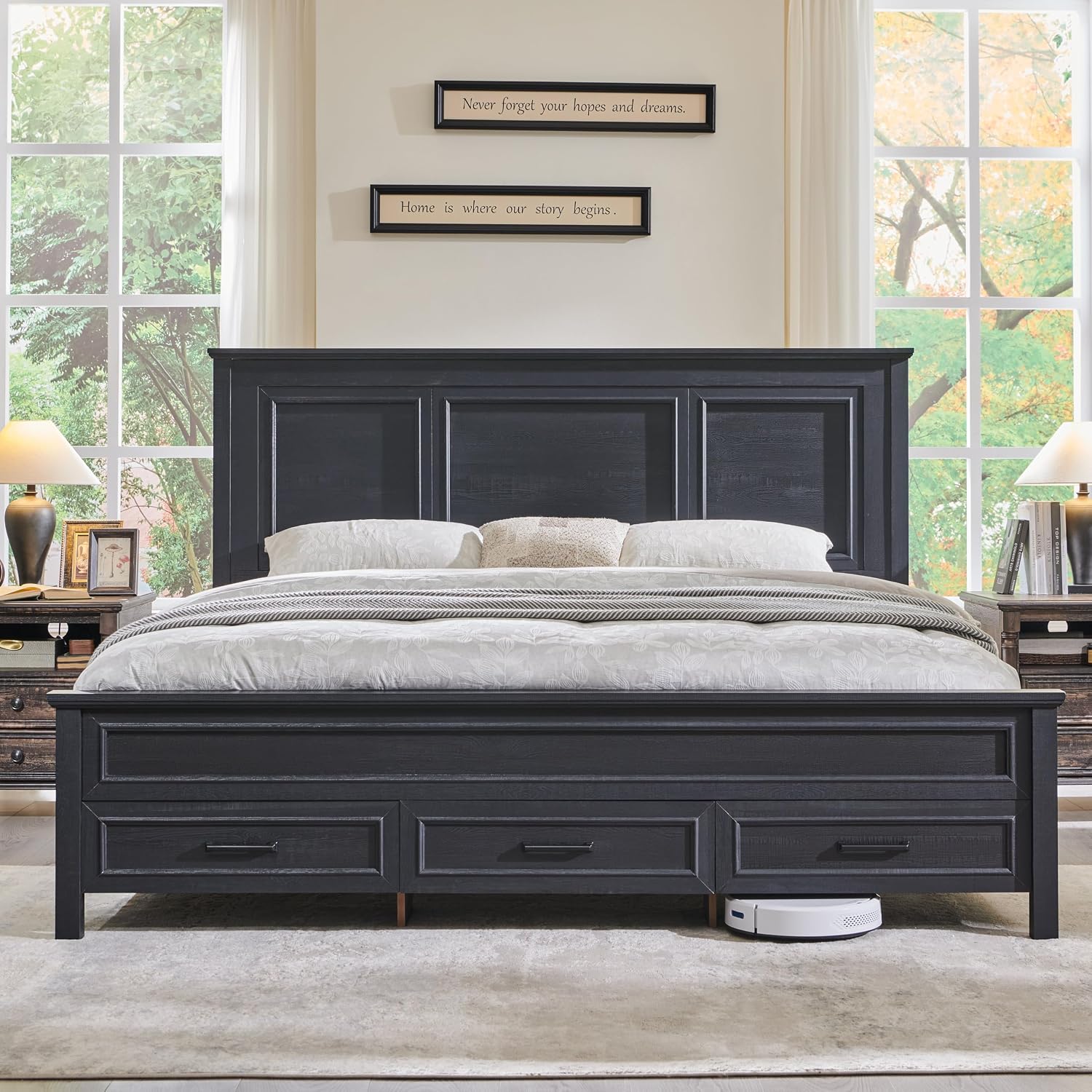 JXQTLINGMU Farmhouse Queen Wood Bed Frame with 52' Tall Headboard & 20' H Footboard, Platform Bedframe with Hidden Storage Drawers, Noiseless, No Box Spring Required, Black
