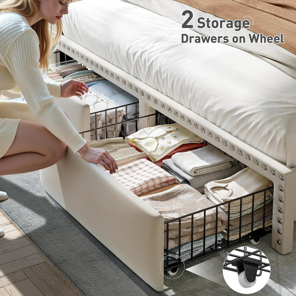 EnHomee Full Size Bed Frame with 2-Tier Storage Headboard & Charging Station, LED Platform Bed Frame with 2 Storage Drawers, Sturdy Wooden Slats Support, Noise-Free, No Box Spring Needed, Beige
