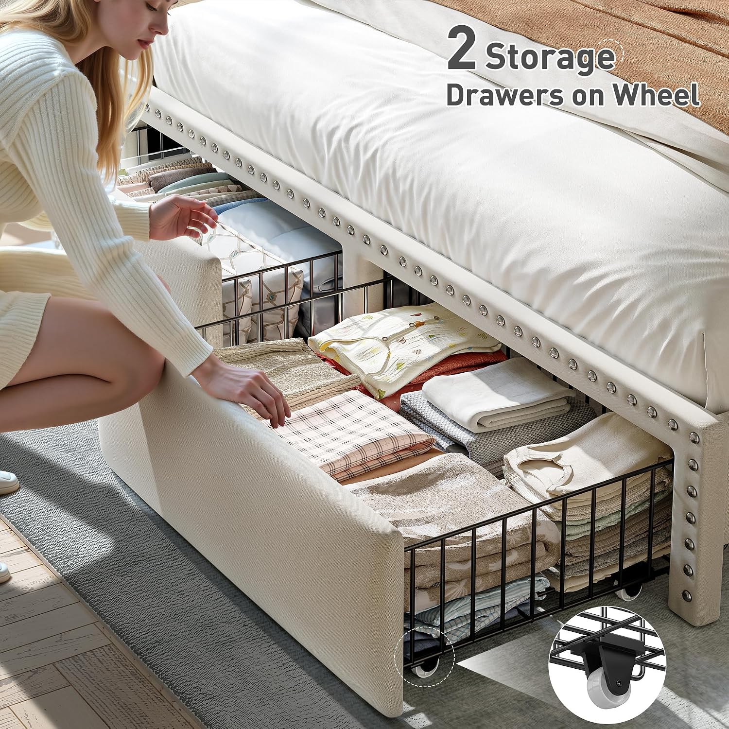 EnHomee Full Size Bed Frame with 2-Tier Storage Headboard & Charging Station, LED Platform Bed Frame with 2 Storage Drawers, Sturdy Wooden Slats Support, Noise-Free, No Box Spring Needed, Beige