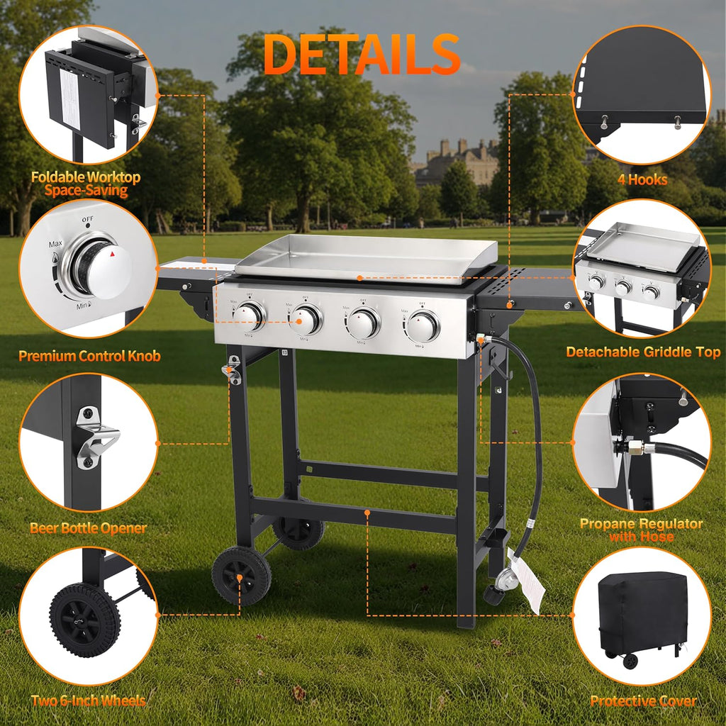 4 Burner Propane Flat Top Grill, 22 Inch Stainless Steel Griddle with Detachable Tabletop & Cart, Portable BBQ Cooker with Side Shelf & 2 Wheels, Dust Cover & Hose for Camping Tailgating