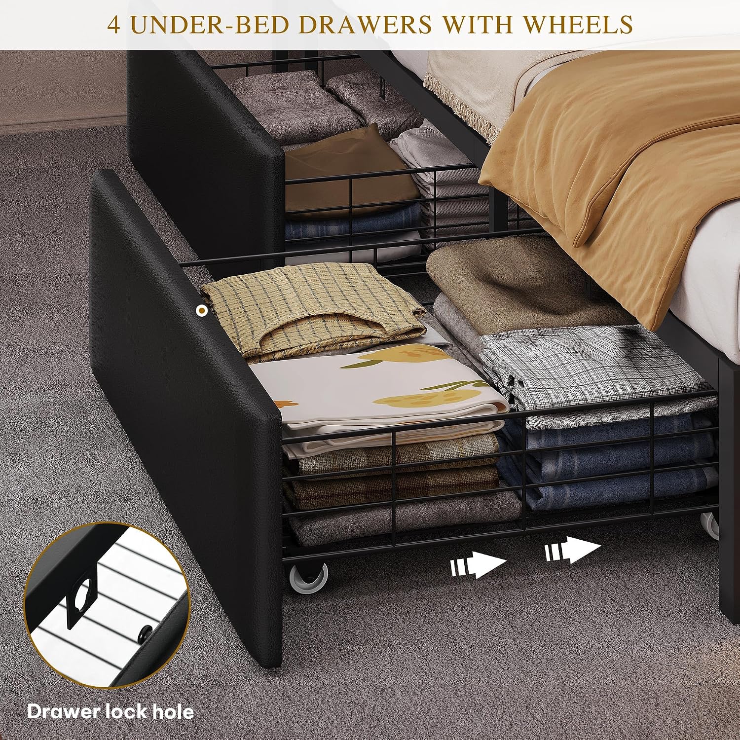 DWVO Queen Size Bed Frame with RGB LED Lights & Storage Bookcase Headboard, Upholstered Bed with Charging Station and 4 Drawers, No Box Spring Needed, Easy Assembly, Noise-Free, PU Leather Black