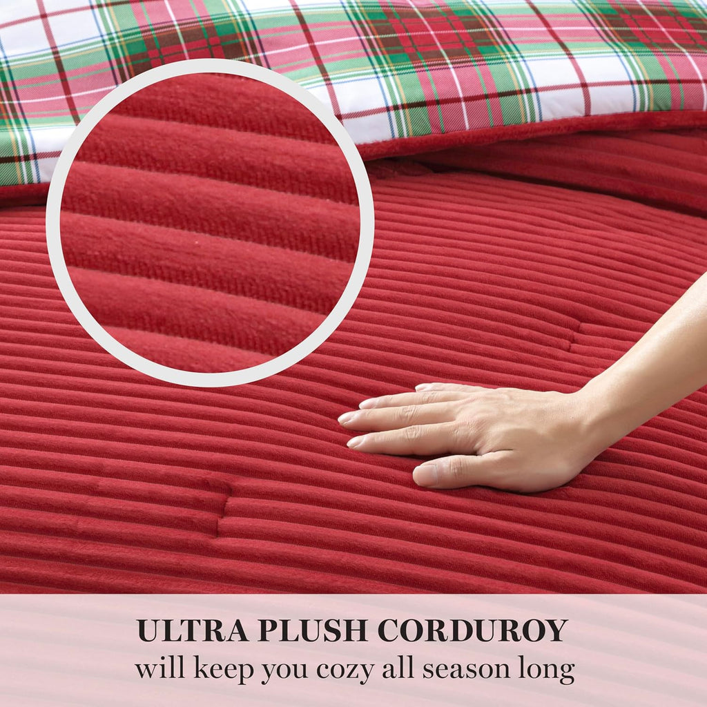 Martha Stewart - King Comforter Set in Red, Reversible, Cute, Wide Corduroy Plaid Bedding Set - 3 Pieces - All Seasons, Lightweight, Fluffy with 1 Comforter, 2 Pillow Shams,