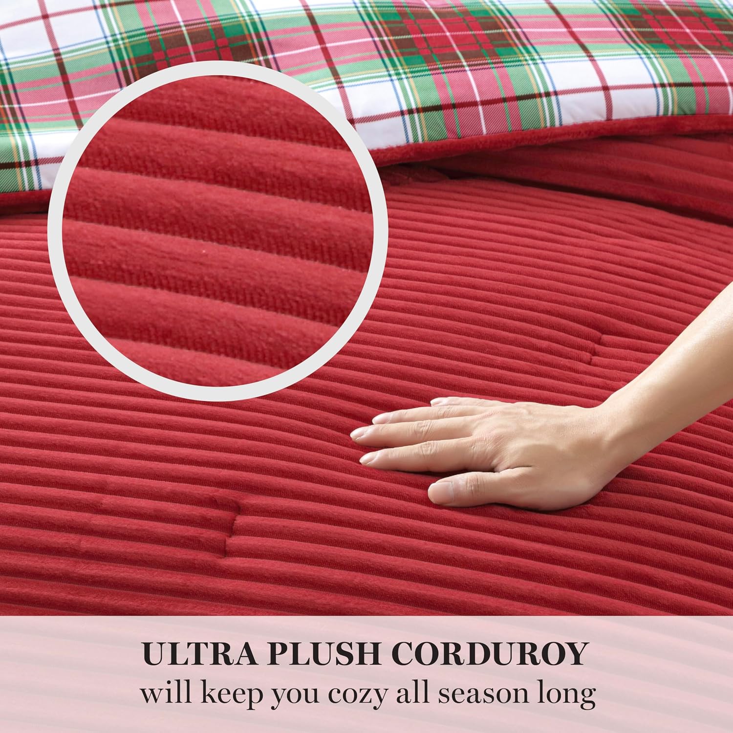 Martha Stewart - King Comforter Set in Red, Reversible, Cute, Wide Corduroy Plaid Bedding Set - 3 Pieces - All Seasons, Lightweight, Fluffy with 1 Comforter, 2 Pillow Shams,