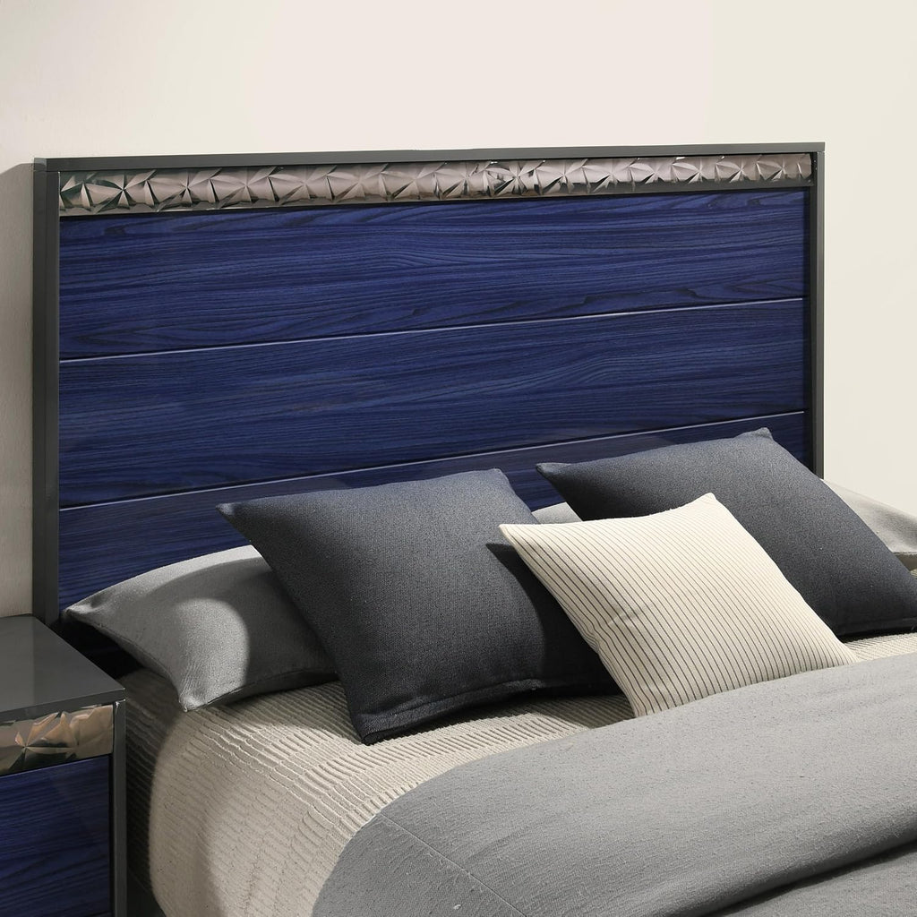 Furniture of America Scape Glam Solid Wood 6-Piece Bedroom Set with Geo Chrome Molding, Felt-Lined Top Drawer, Metal Side Glide, Square Knobs, No Box Spring Needed, King, Indigo Blue