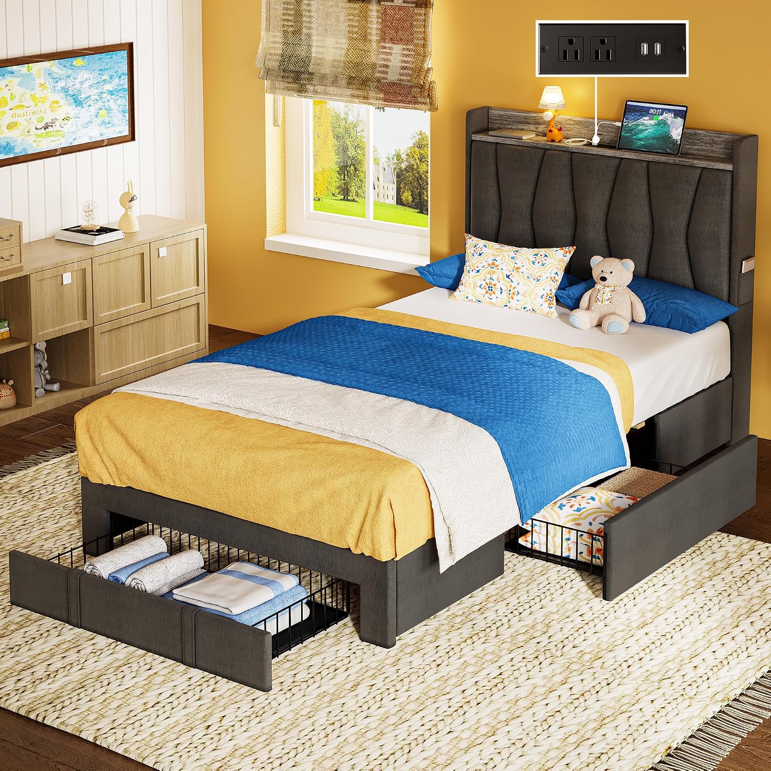 ANCTOR Twin Bed Frame with 3 Drawers, Upholstered Platform Bed with Storage Headboard and Charging Station, No Box Spring Needed, Easy Assembly, Grey