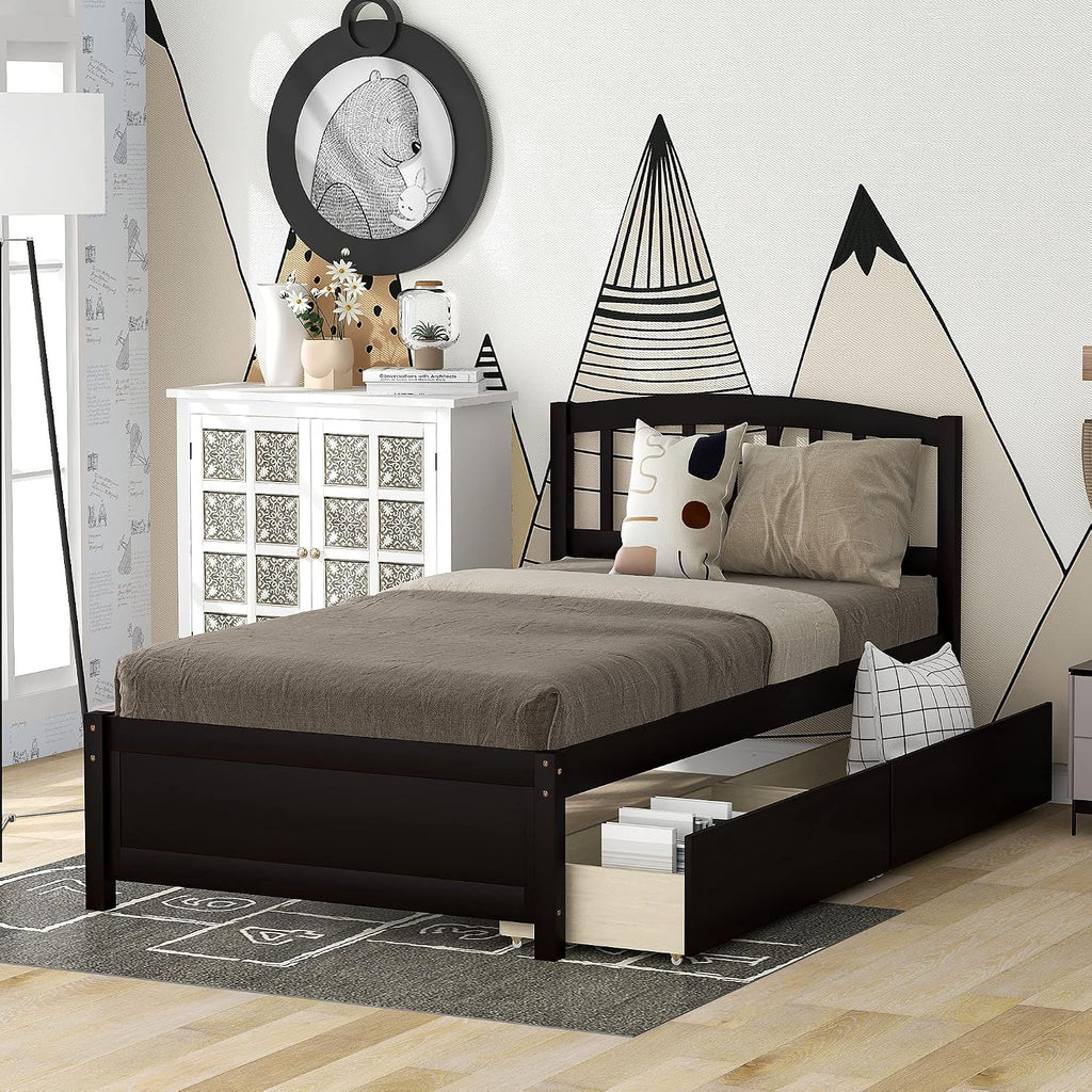 Harper & Bright Designs Wood Twin Size Platform Bed with Storage Drawers and Headboard for Saving Space, Vintage Bed Frame for Kids Boys Girls, No Box Spring Needed, Space Saving, Espresso