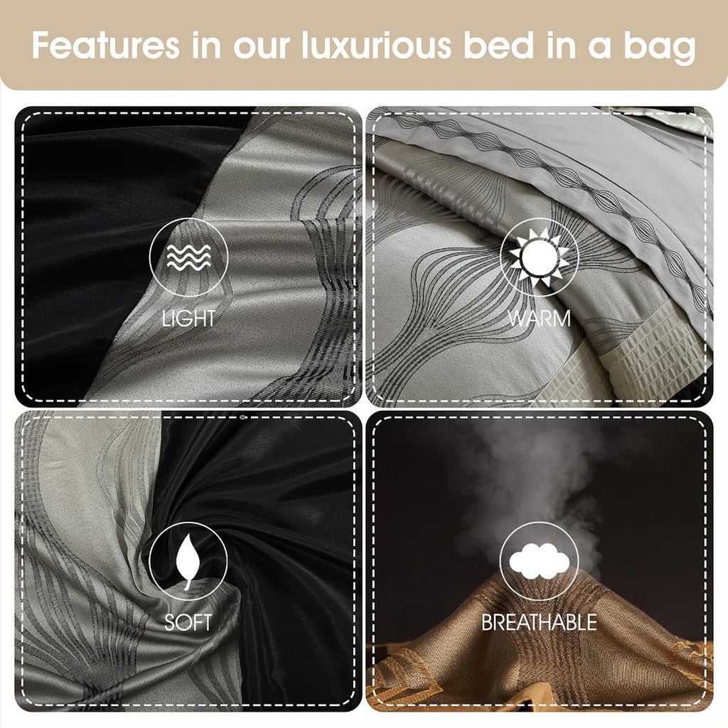 Grand Avenue Black and Silver Comforter Set King Size, 7 Pieces Bedding & Collection, Jacquard All Season Comforter & Pillows, Ultra-Soft Microfiber