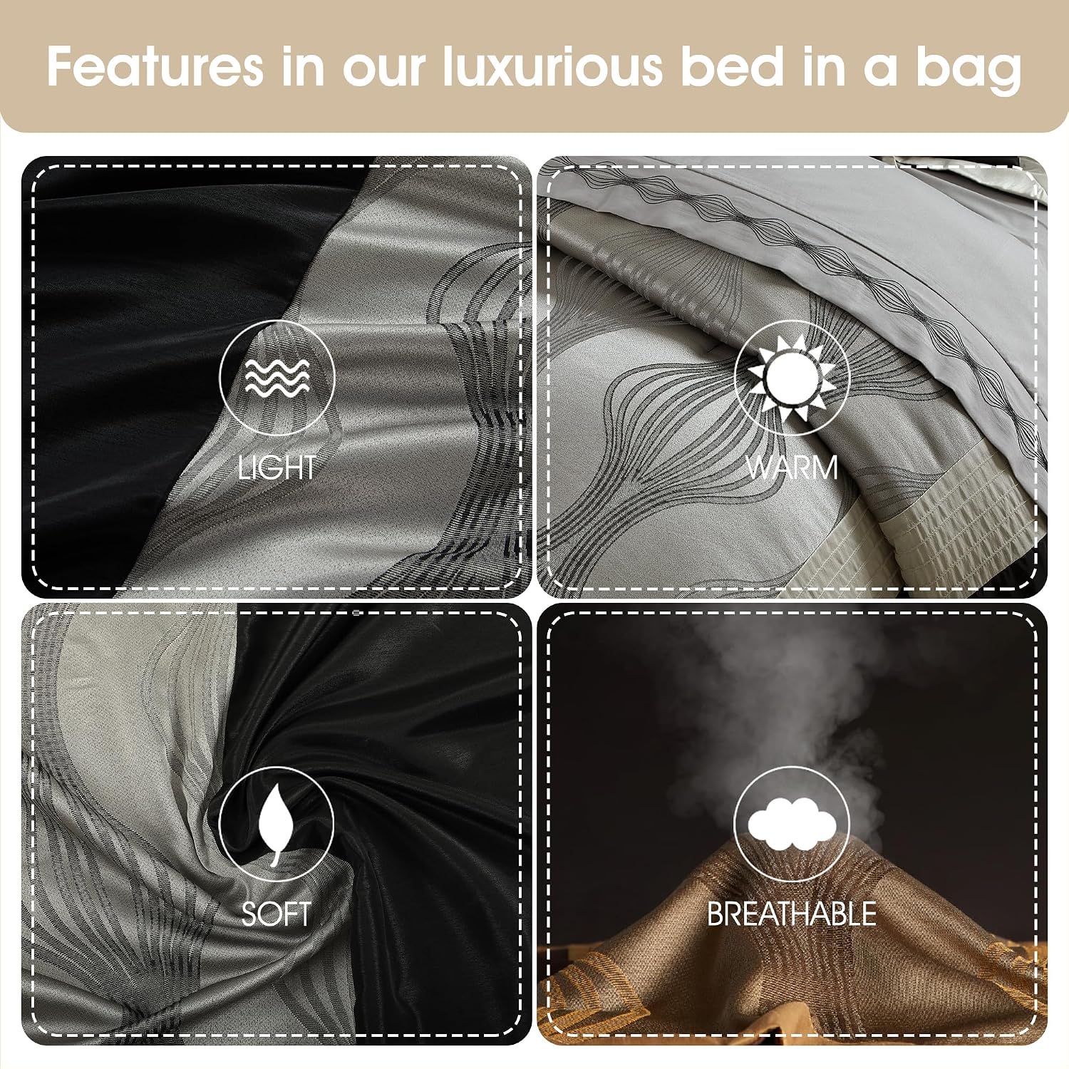 Grand Avenue Black and Silver Comforter Set King Size, 7 Pieces Bedding & Collection, Jacquard All Season Comforter & Pillows, Ultra-Soft Microfiber