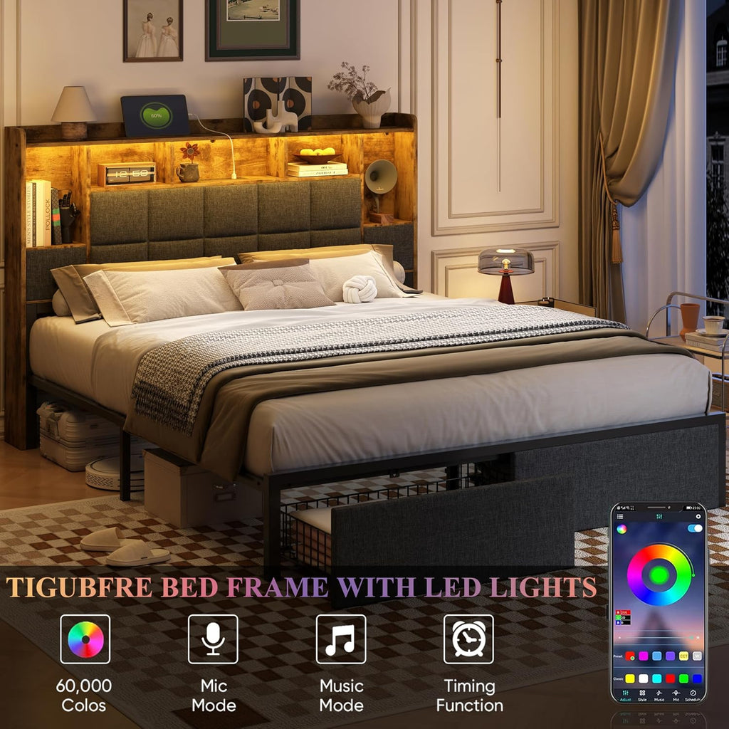 TIGUBFRE LED Bed Frame Queen Size with 2 Hidden Storage Drawers, Bookshelf Headboard, Upholstered Platform Metal Bed Frame with Charging Station, Metal Slats Support, Noise Free, No Box Spring Needed