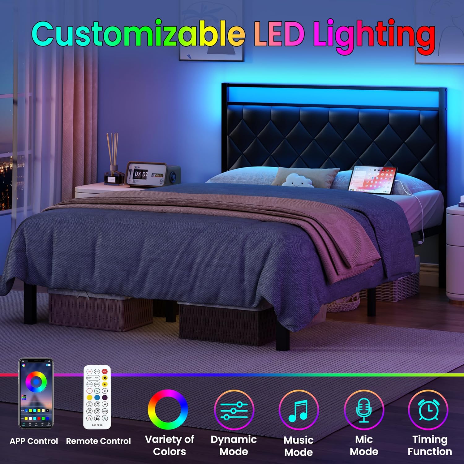 Queen Size Bed Frame with Headboard, Modern Metal Bed Frame with LED Lights & Charging Station, PU Leather Upholstered Headboard, All Metal Slats Support, No Boxing Spring Needed, Noise Free, Black