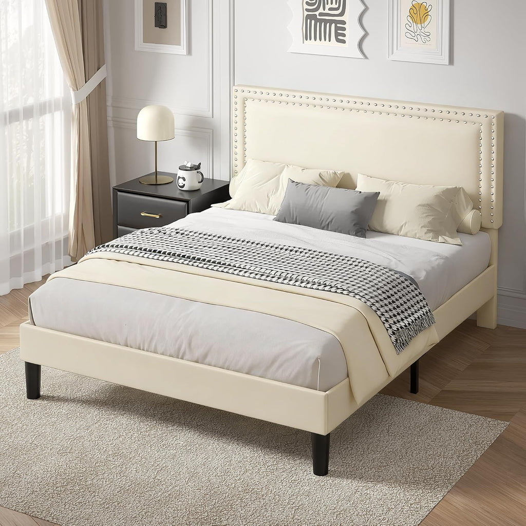 VECELO Full Size Platform Bed Frame with Height Adjustable Upholstered Headboard, Modern Mattress Foundation,Strong Wood Slat Support, No Box Spring Needed, Easy Assembly,Beige