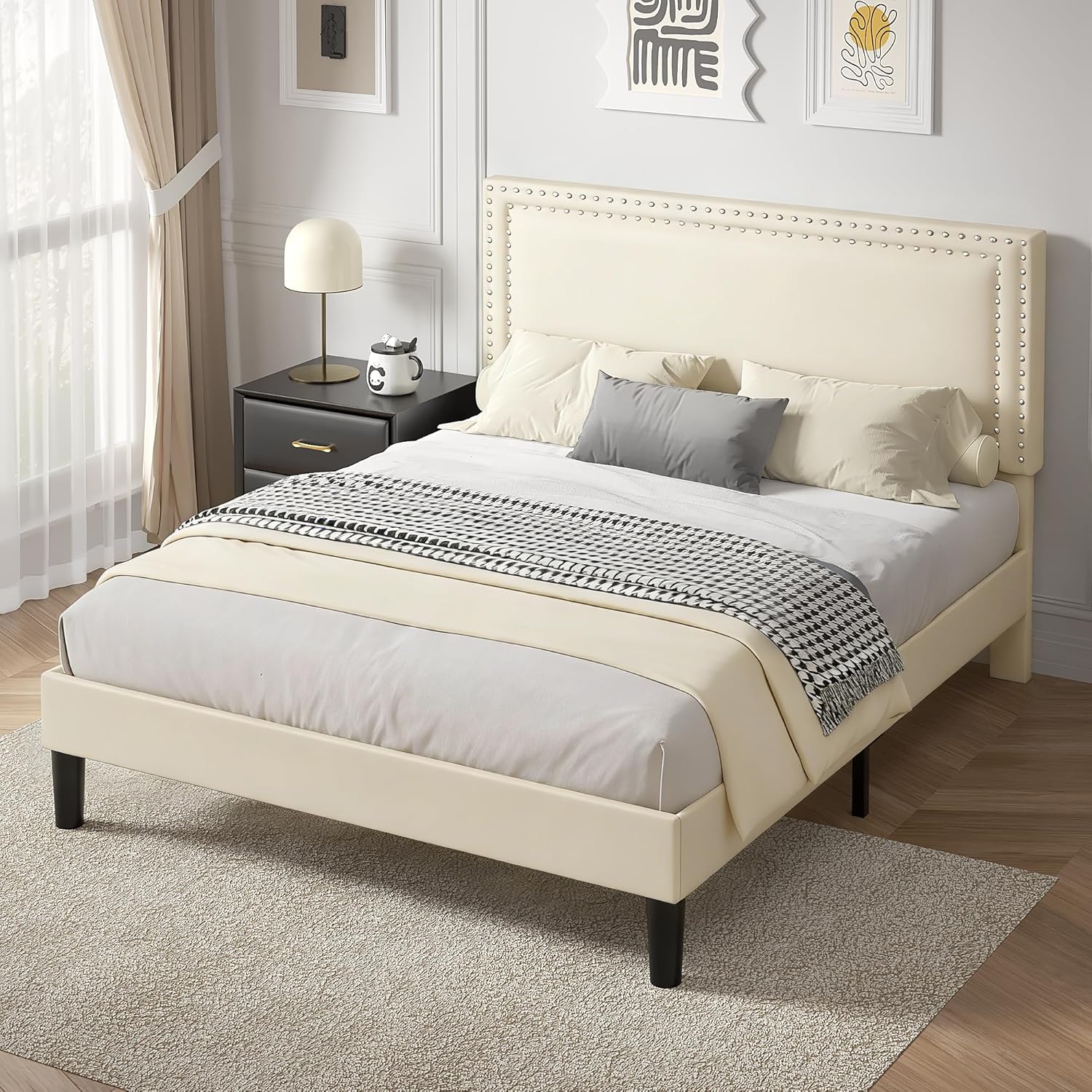 VECELO Full Size Platform Bed Frame with Height Adjustable Upholstered Headboard, Modern Mattress Foundation,Strong Wood Slat Support, No Box Spring Needed, Easy Assembly,Beige