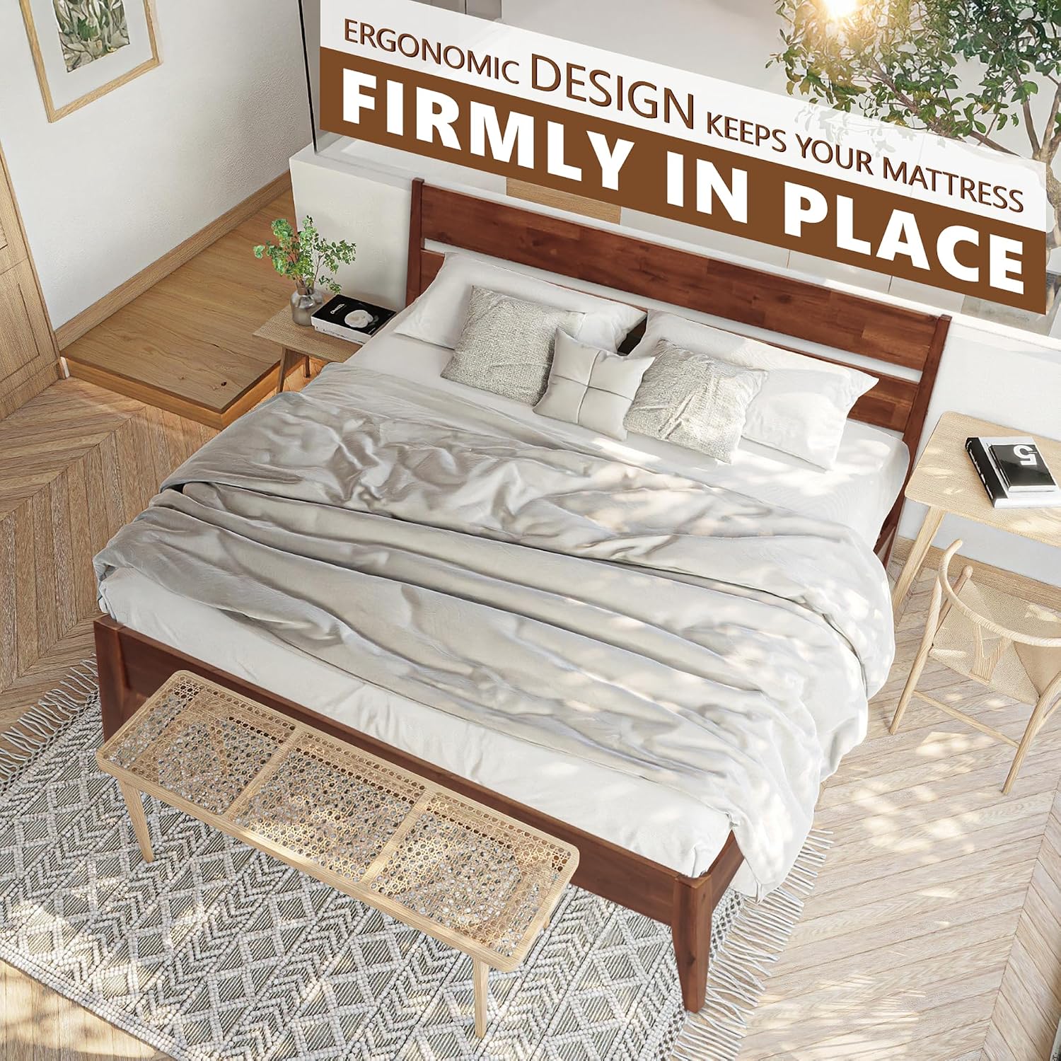 Acacia Emery Bed Frame with Headboard Solid Wood Platform Bed, King Size Bed Frame, Mid - Century Modern Wood Bed Compatible with All Mattresses, Easy Assembly, Non-Slip, Walnut