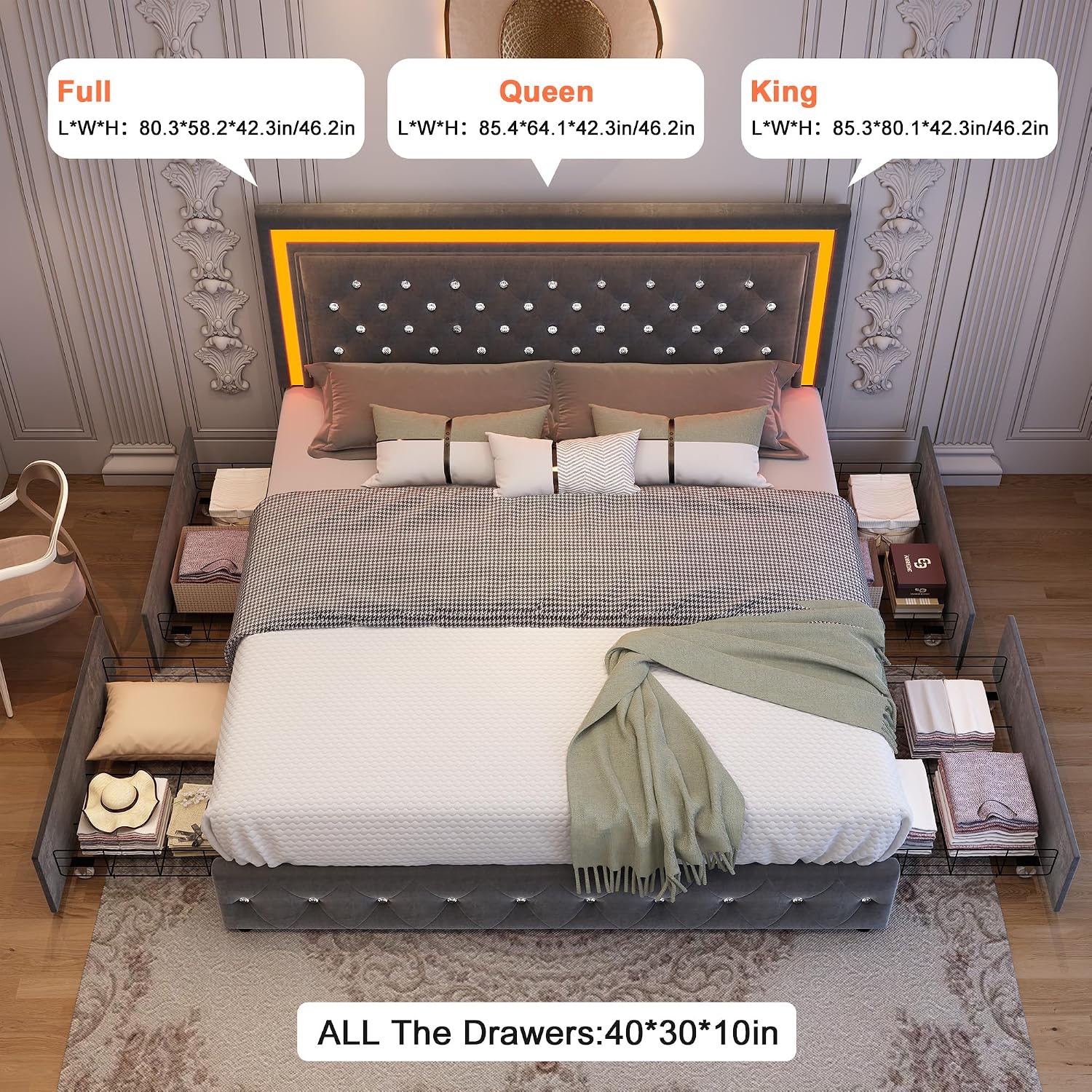 GEGOFORU Full Bed Frame with LED Lights, Storage Drawers, No Box Spring Needed, 900 lbs Capacity, Easy Assembly, Velvet Grey