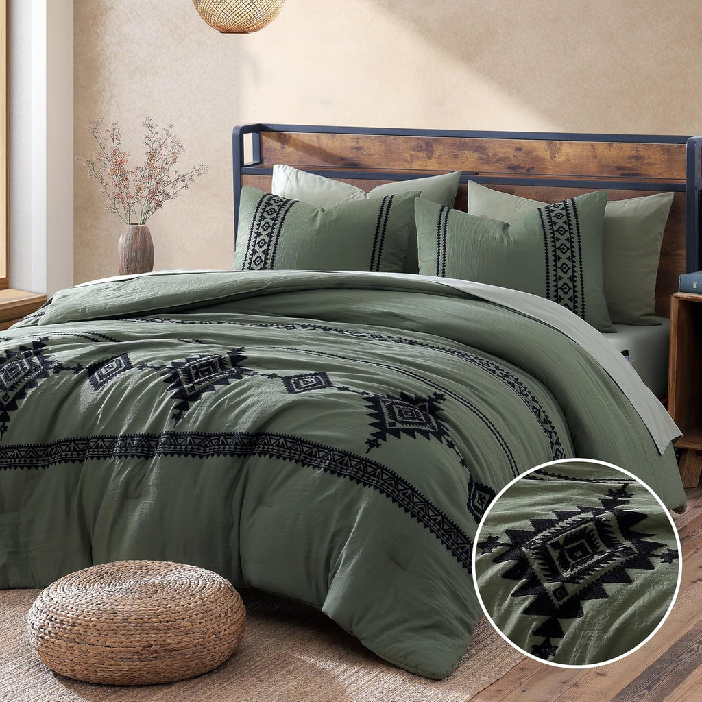 MaiRêve Super King Comforter Set Dark Olive Green, Embroidery Western Boho Bedding Set 7 Pieces, All Season Farmhouse Bed in A Bag Comforter Set with Sheets, Pillowcases & Shams