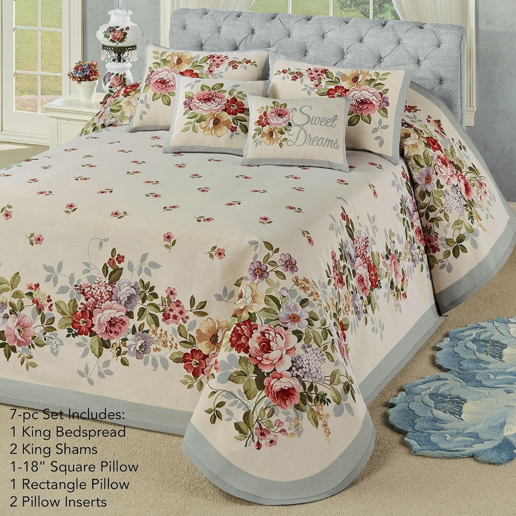 Bouquet Flower Luxury Washable Bedding | Nature | Wisteria, Golden Yellow, Rose, Garnet, Blue | Jacquard Woven | 7 Pc Bed Set: King Bedspread, 2 King Shams, Rectangle and Square Pillows with Inserts
