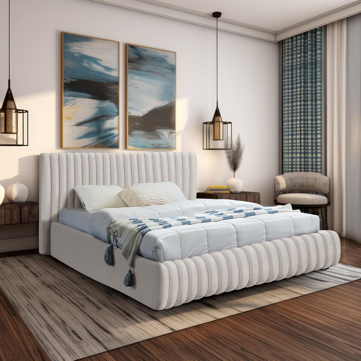 Meridian Furniture NicoCream-K Nico Collection Modern | Contemporary Velvet Upholstered King Bed with Rich Cream Velvet and Deep Channel Tufting, 89' W x 91' D x 38' H, Cream, King