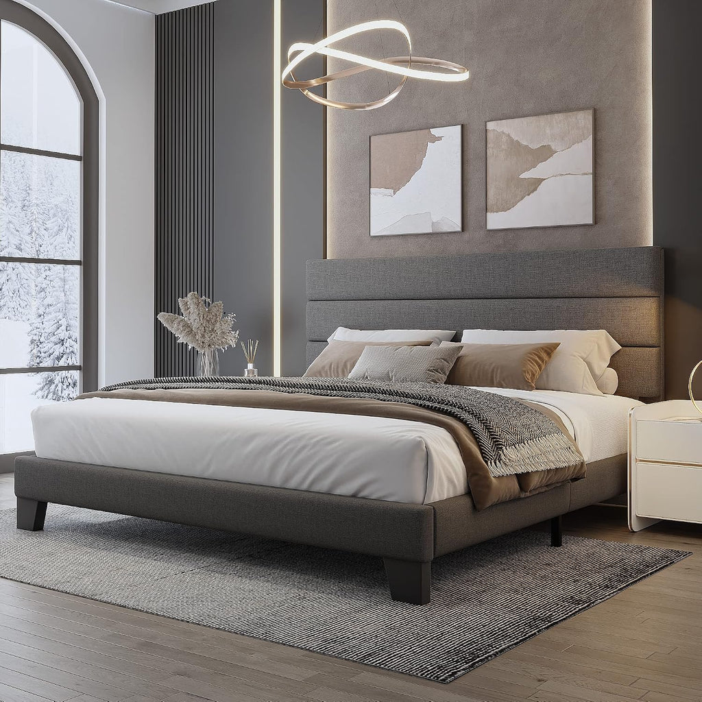 WEEWAY King Bed Frame Platform Bed with Linen Fabric Upholstered Headboard and Wooden Slats Support, Heavy Duty Mattress Foundation, No Box Spring Needed, Easy Assembly, Dark Grey