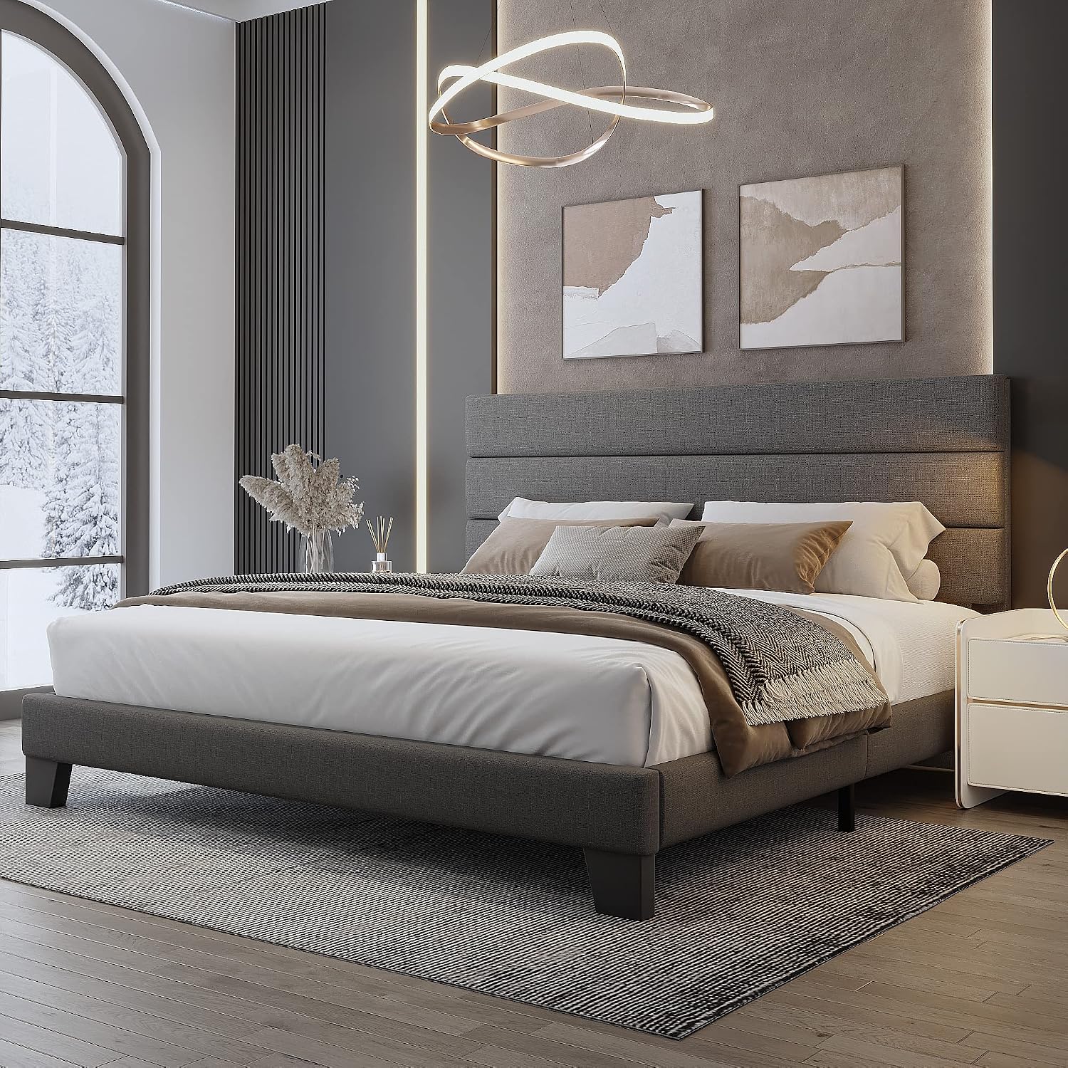 WEEWAY King Bed Frame Platform Bed with Linen Fabric Upholstered Headboard and Wooden Slats Support, Heavy Duty Mattress Foundation, No Box Spring Needed, Easy Assembly, Dark Grey